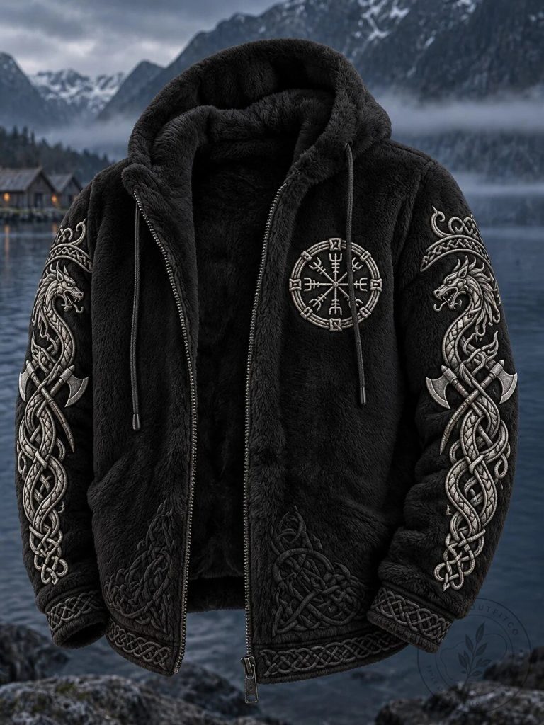 Viking Vegvisir Dragon Axe Faux Fur Lined Zipper Hoodie Jacket