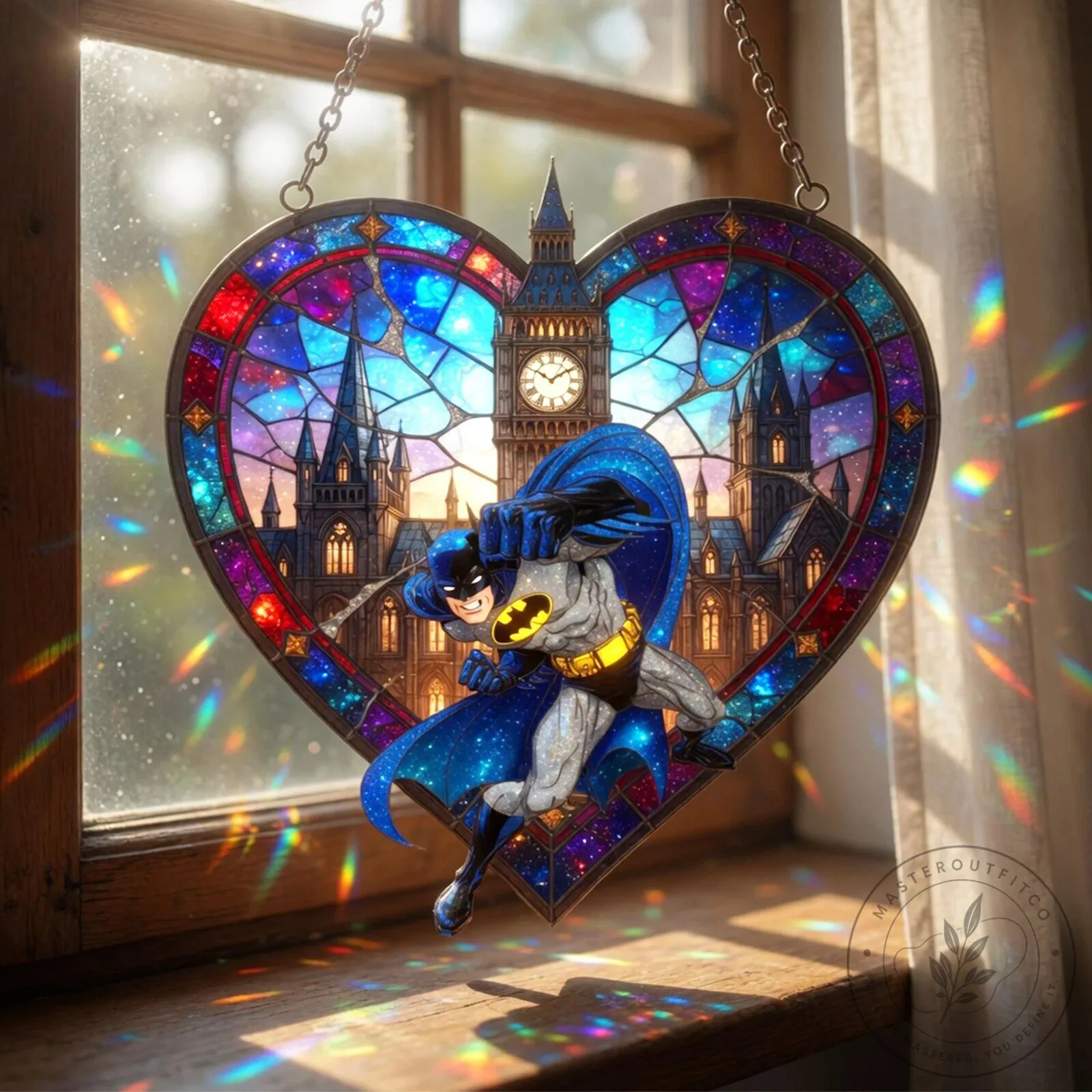 Batman Stained Glass Heart Suncatcher with Colorful Night Sky Design