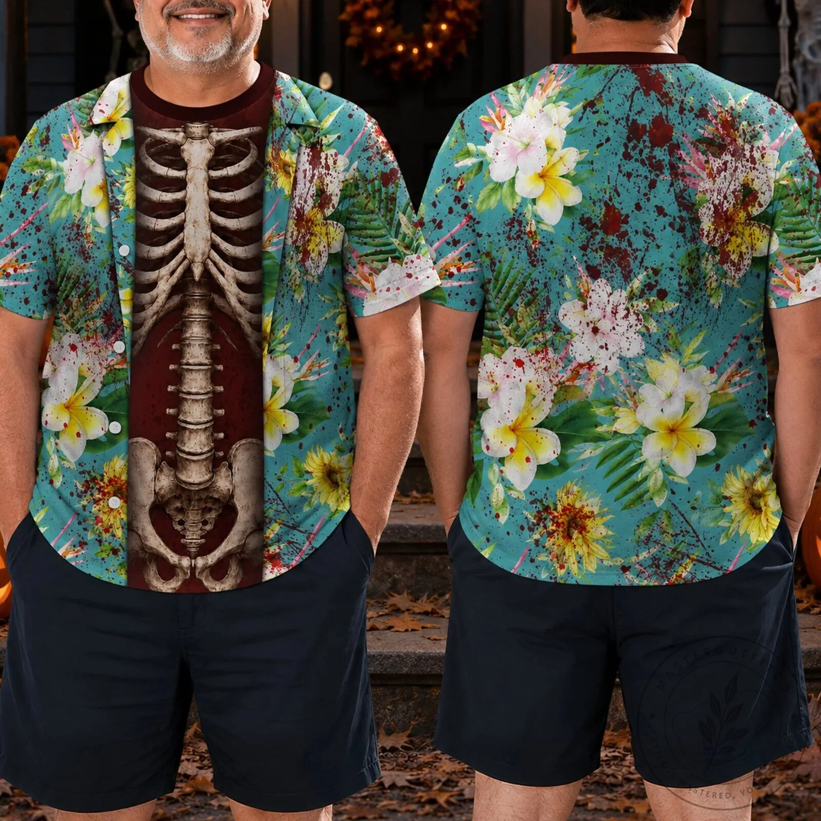 Funny Halloween Skeleton All Over Print Hawaiian Shirt for Men