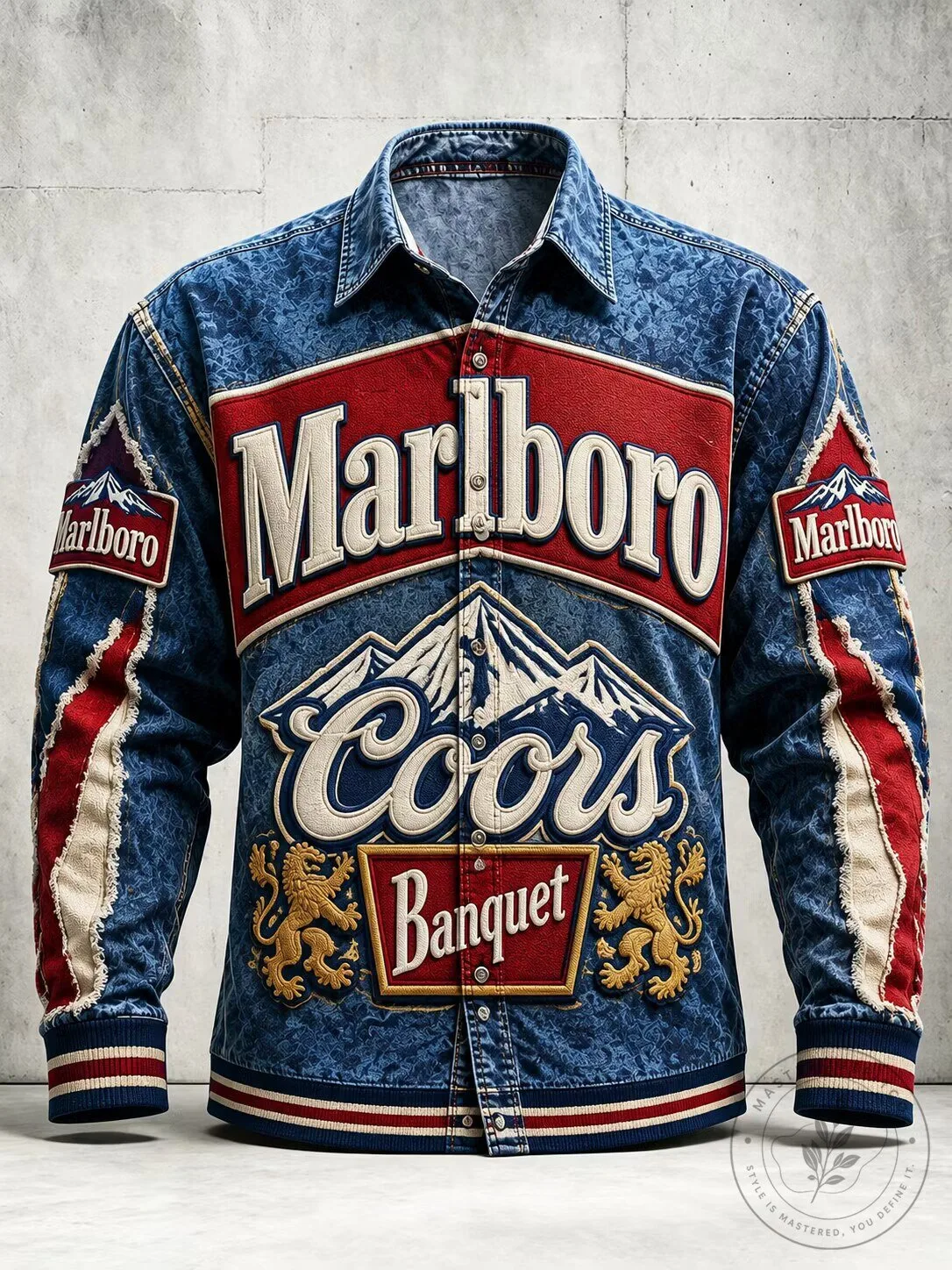 Marlboro Coors Banquet Beer Brand Denim Long-Sleeve Button-Up Shirt