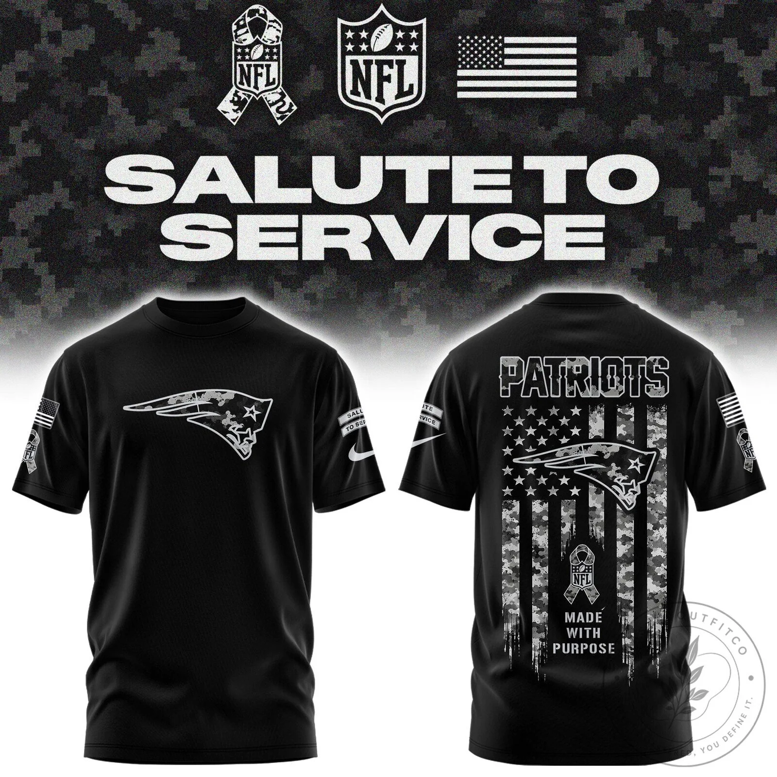 New England Patriots Salute To Service Black Camouflage American Flag T-Shirt 2 New England Patriots Salute To Service Black Camouflage American Flag T-Shirt