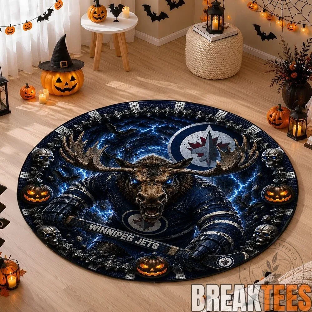 Winnipeg Jets Halloween Moose Hockey Round Quilted Rug