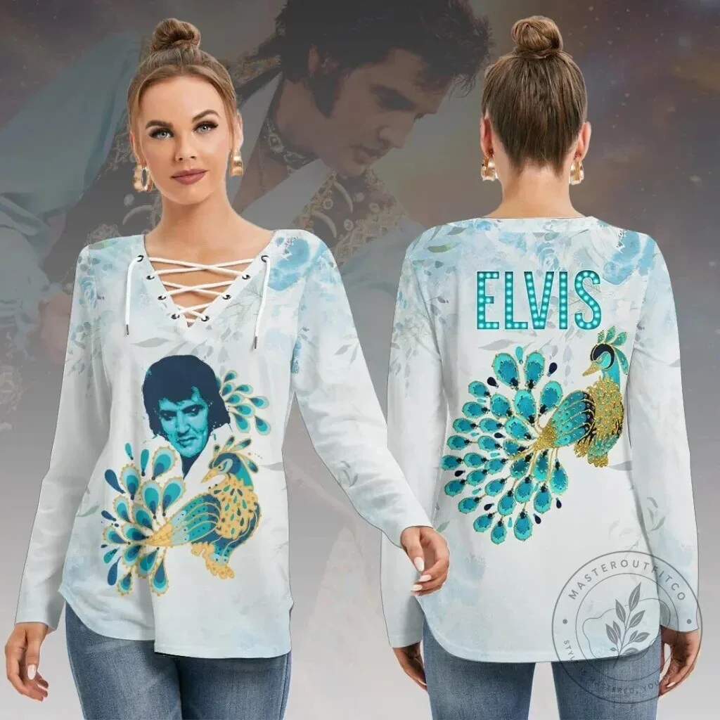 Elvis Presley Peacock Design Women's Lace-Up V-Neck Long Sleeve Shirt 1 Elvis Presley Peacock Design Women's Lace-Up V-Neck Long Sleeve Shirt
