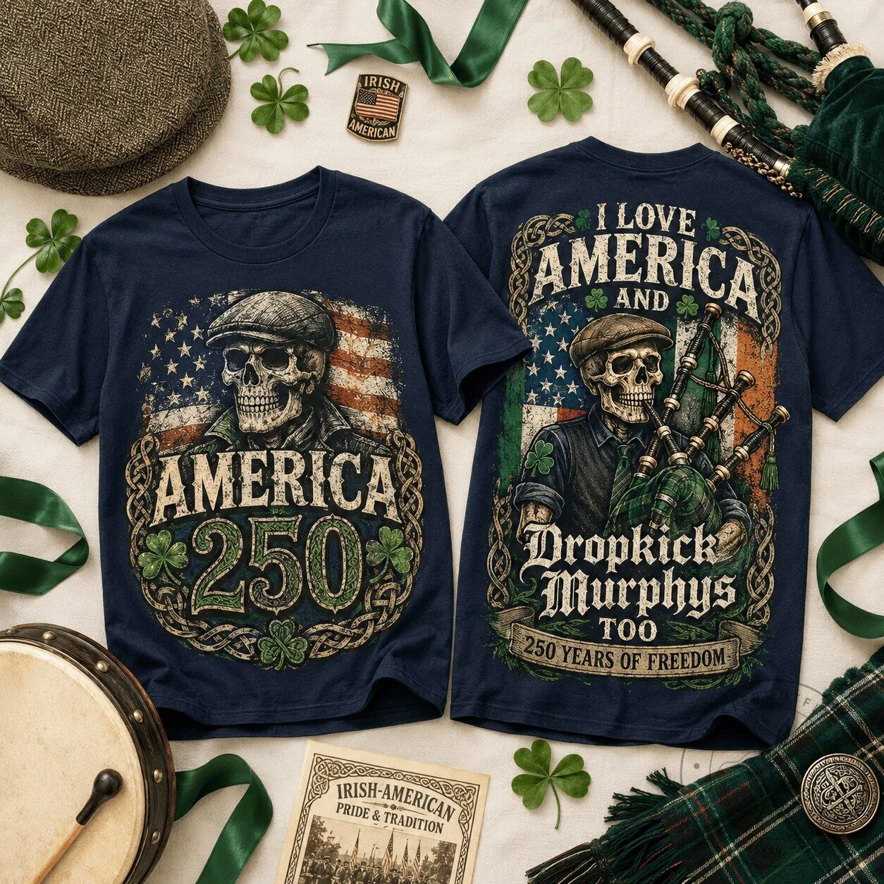 Dropkick Murphys Skull With Bagpipes 250 Years Of Freedom Irish American T-Shirt