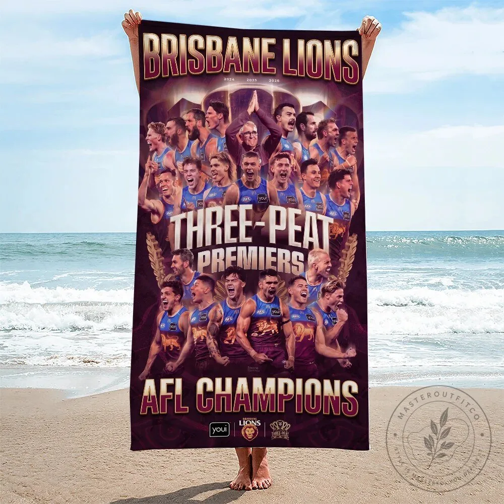 Brisbane Lions Three-Peat Premiers AFL Champions Beach Towel