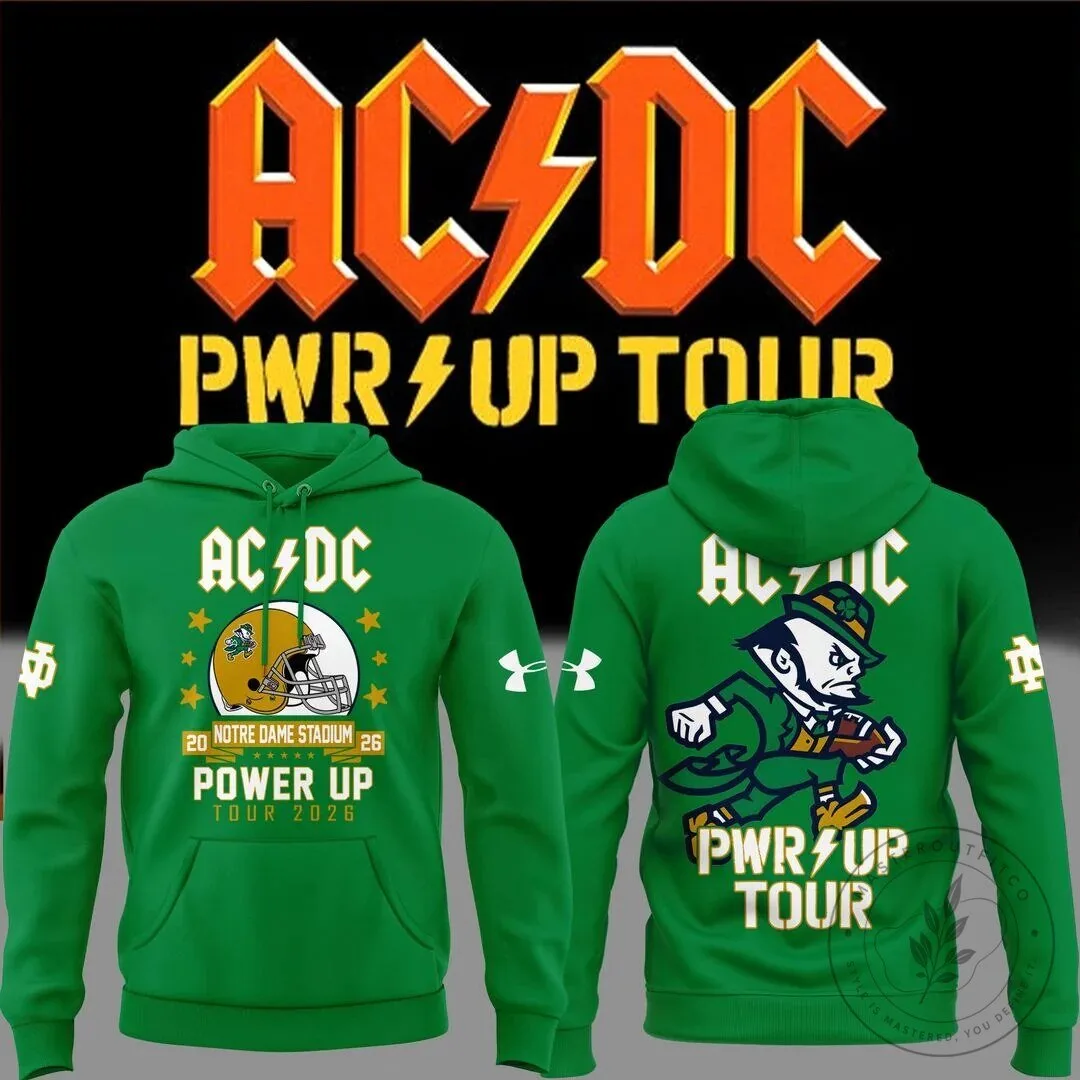 2026 Green Hoodie for Notre Dame Football AC/DC Power Up Tour