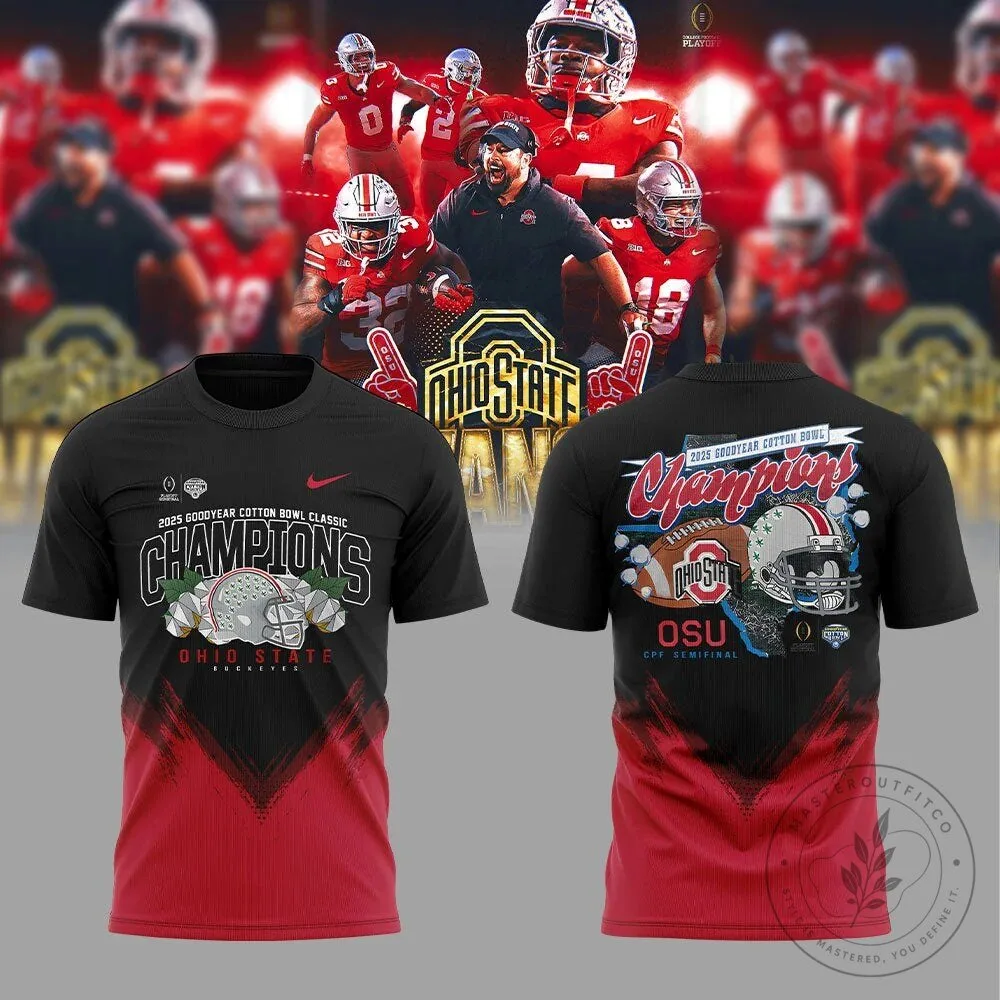 Black T-Shirt Celebrating Ohio State Football 2025 Goodyear Cotton Bowl Champions