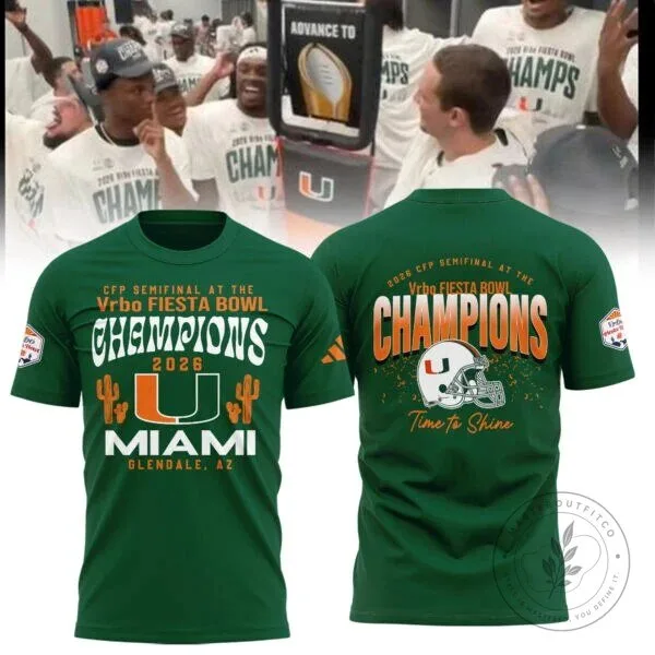 Green T-Shirt Celebrating the 2026 Fiesta Bowl Champions Miami Hurricanes Football 2 Green T-Shirt Celebrating the 2026 Fiesta Bowl Champions Miami Hurricanes Football