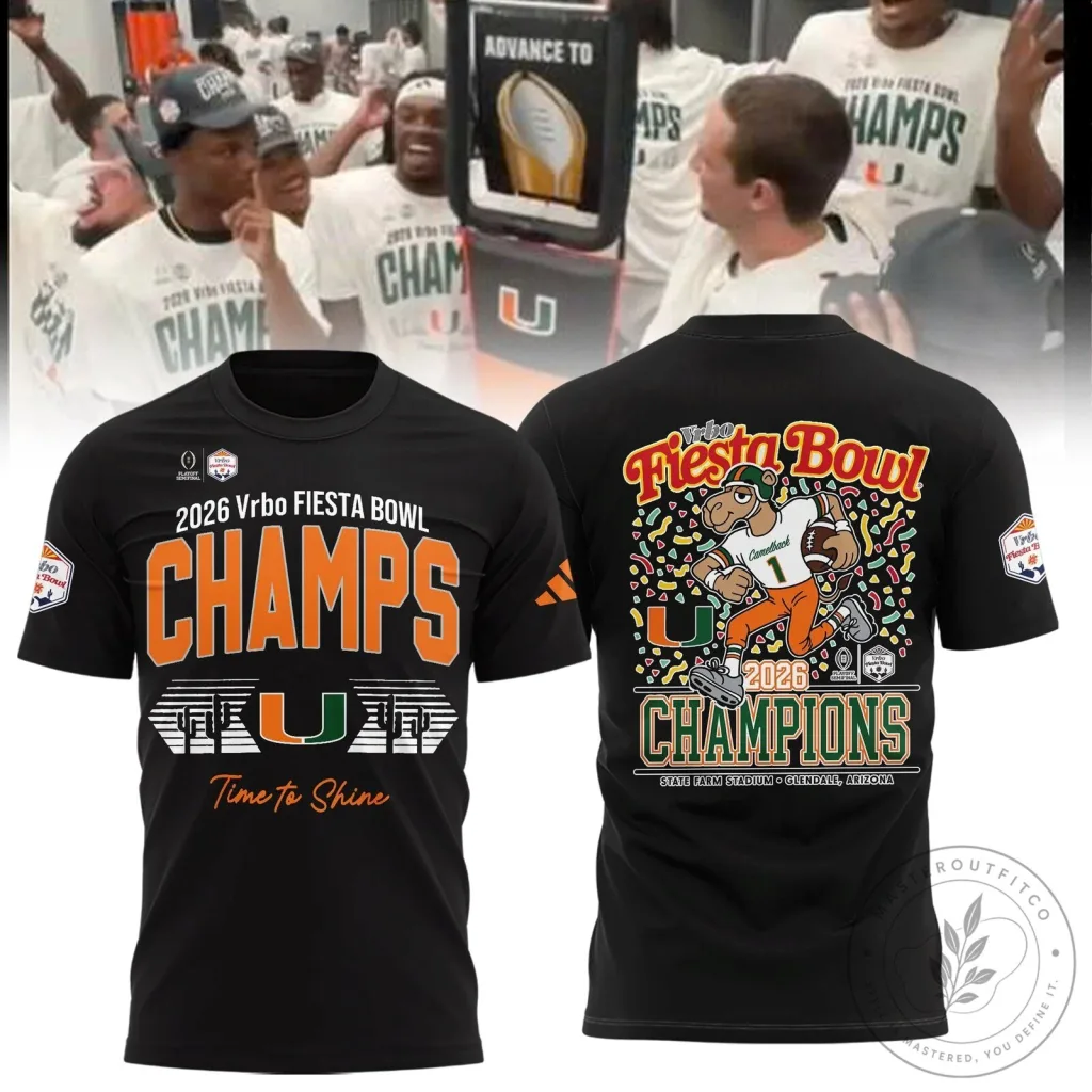 Miami Hurricanes Football 2026 Fiesta Bowl Champions Black T-Shirt Miami Hurricanes Football 2026 Fiesta Bowl Champions Black T-Shirt