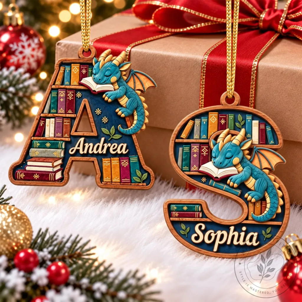 Personalized Dragon Alphabet Bookcase Christmas Ornament, Custom Initial Letter Decor Personalized Dragon Alphabet Bookcase Christmas Ornament, Custom Initial Letter Decor