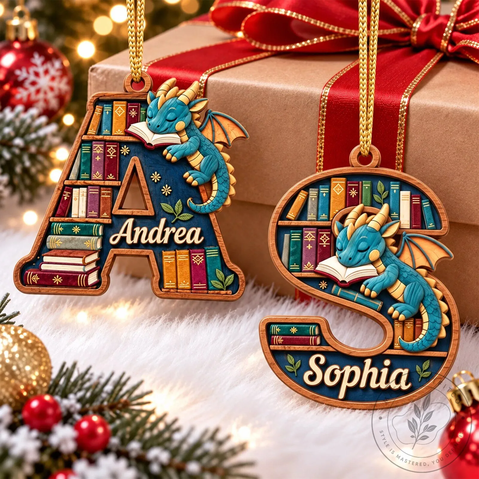 Personalized Dragon Alphabet Bookcase Christmas Ornament, Custom Initial Letter Decor