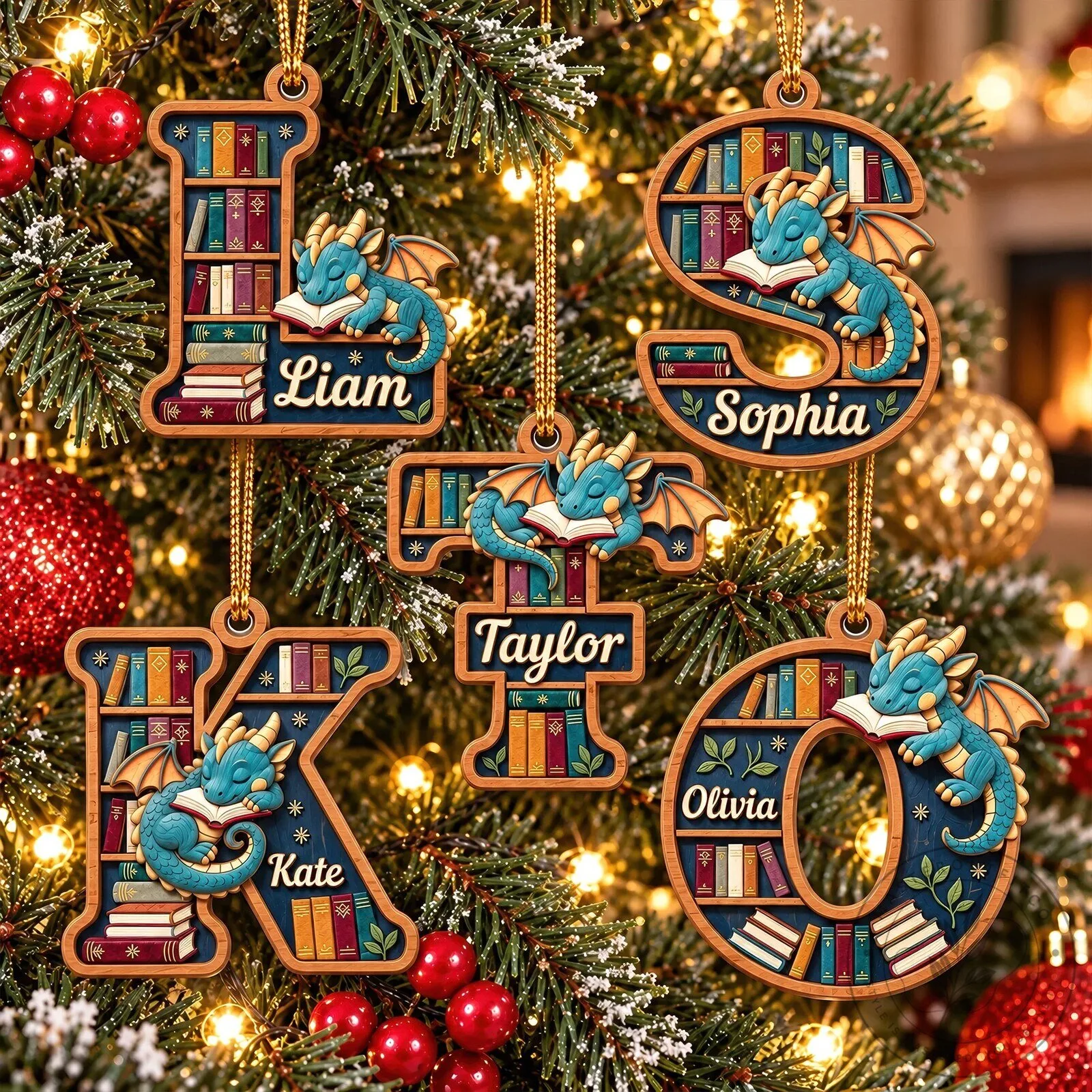 Personalized Dragon Alphabet Bookcase Christmas Ornament, Custom Initial Letter Decor 10 Personalized Dragon Alphabet Bookcase Christmas Ornament, Custom Initial Letter Decor