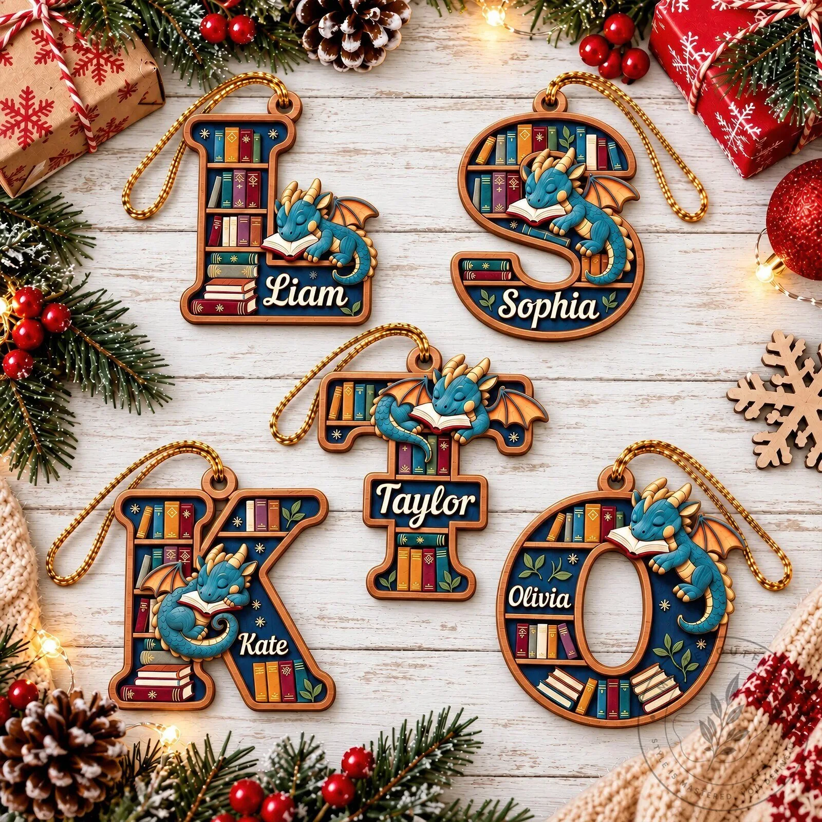 Personalized Dragon Alphabet Bookcase Christmas Ornament, Custom Initial Letter Decor 11 Personalized Dragon Alphabet Bookcase Christmas Ornament, Custom Initial Letter Decor