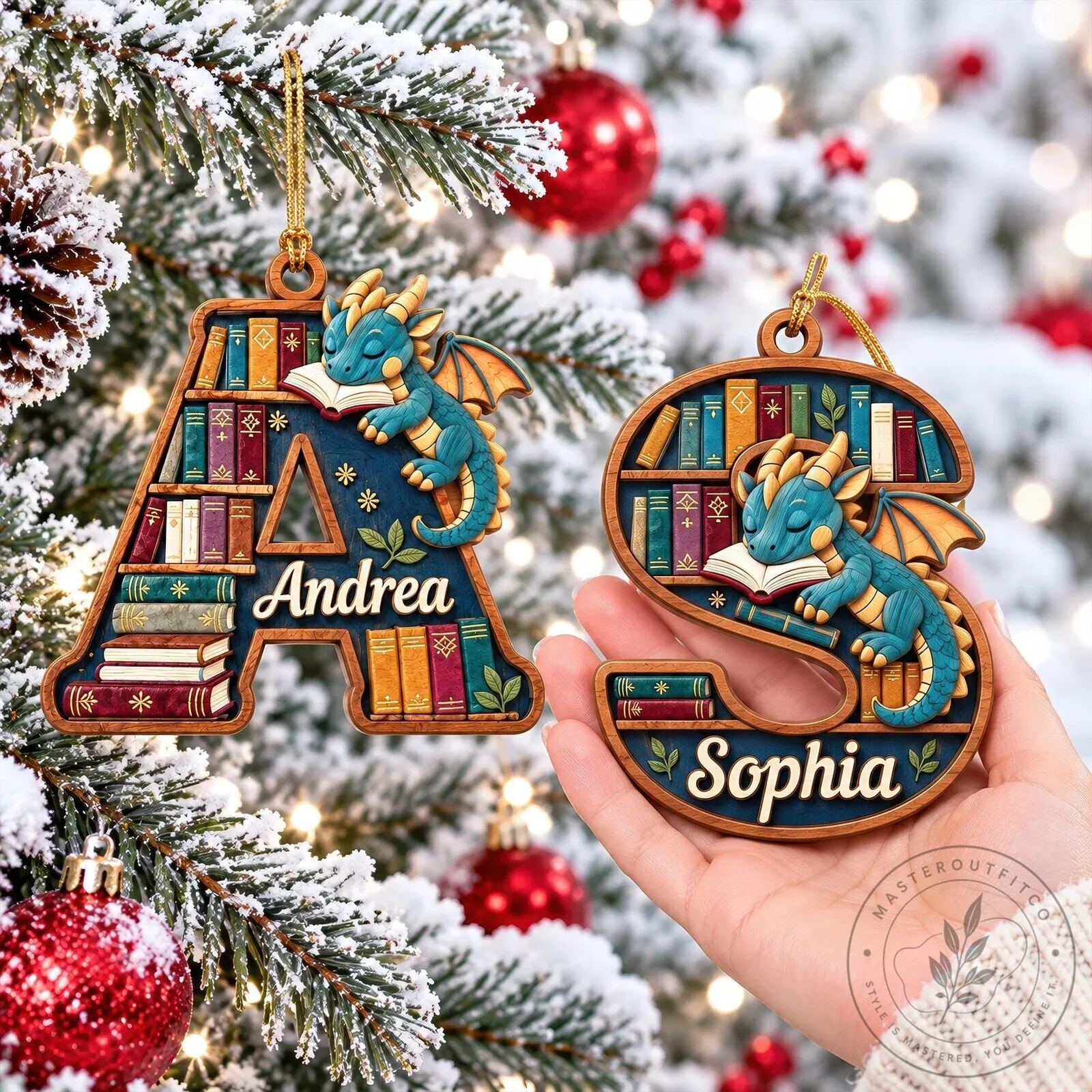 Personalized Dragon Alphabet Bookcase Christmas Ornament, Custom Initial Letter Decor 12 Personalized Dragon Alphabet Bookcase Christmas Ornament, Custom Initial Letter Decor