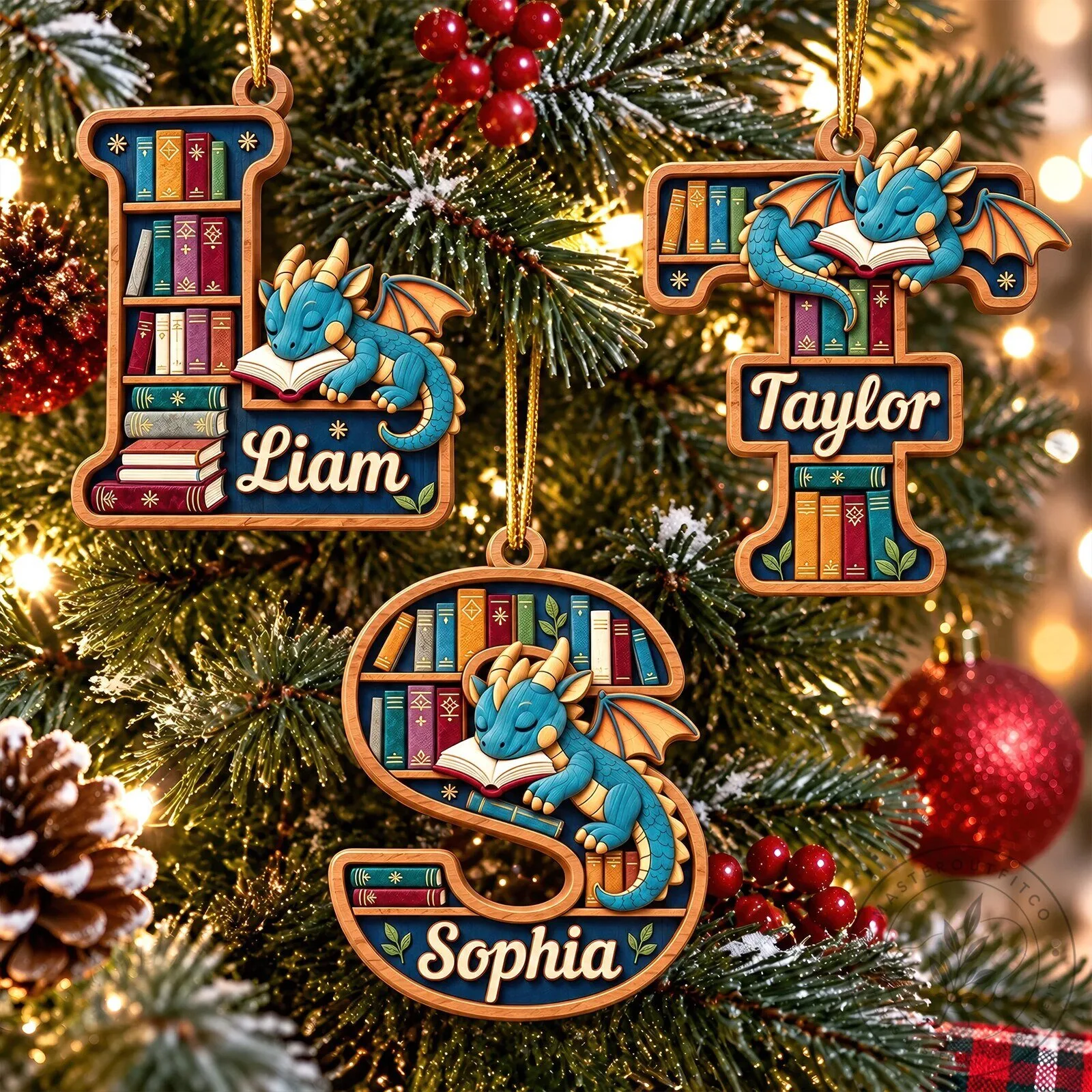 Personalized Dragon Alphabet Bookcase Christmas Ornament, Custom Initial Letter Decor 13 Personalized Dragon Alphabet Bookcase Christmas Ornament, Custom Initial Letter Decor