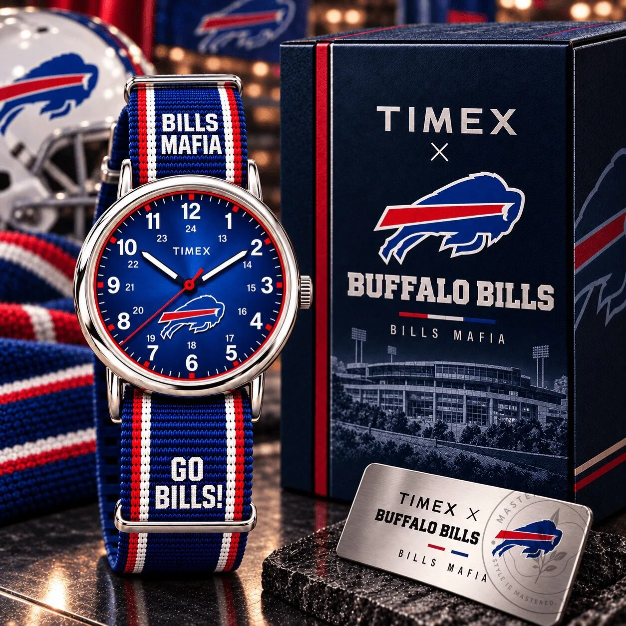 Buffalo Bills Mafia Timex Watch with Red and Blue Striped Strap