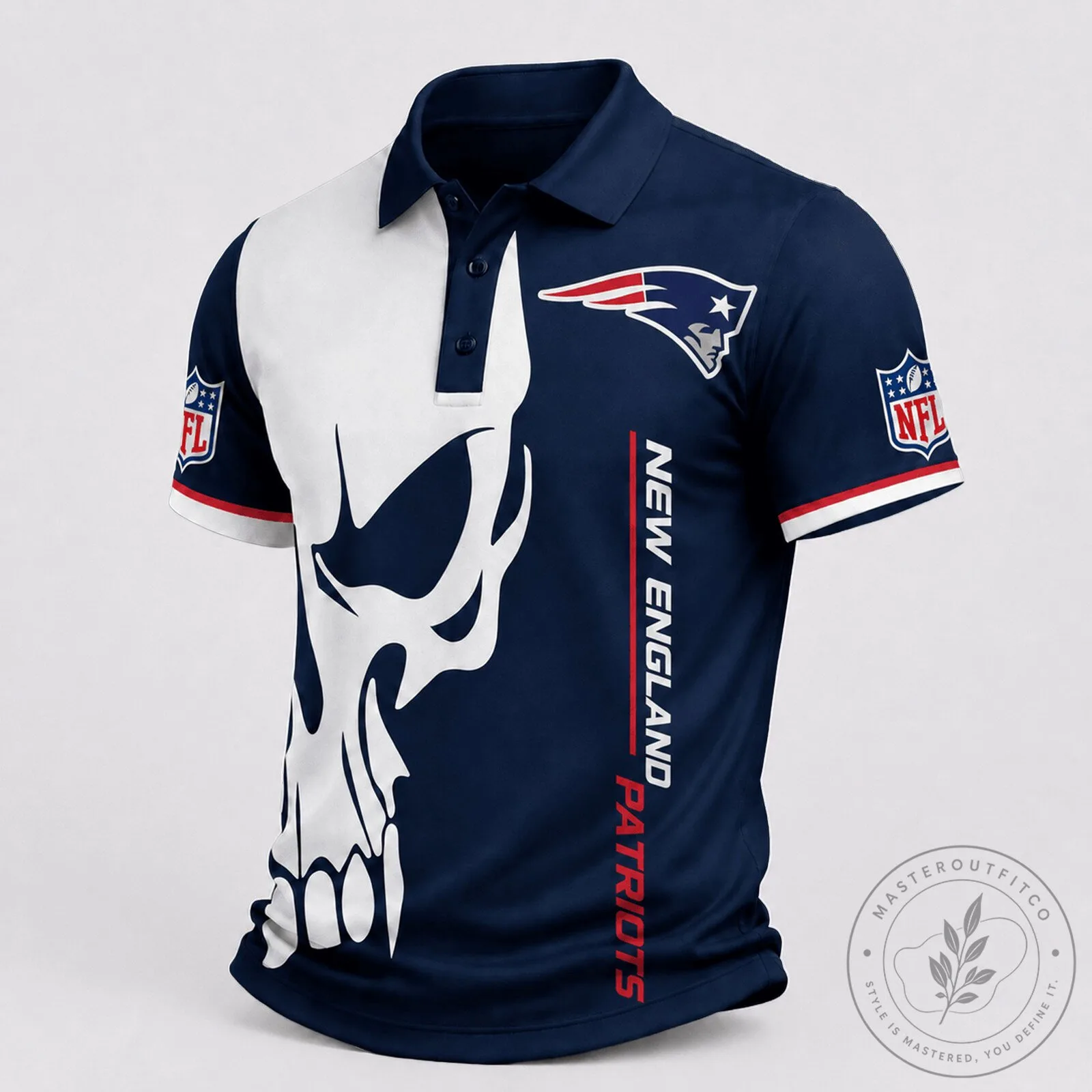 New England Patriots Skull Design NFL Football Fan Polo Shirt