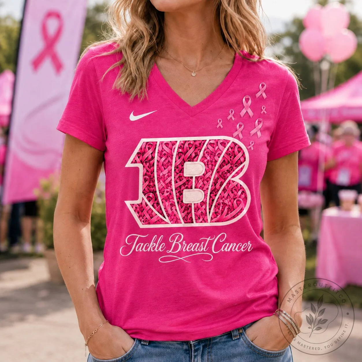 Cincinnati Bengals V-Neck T-Shirt with Pink Ribbon for Breast Cancer Awareness