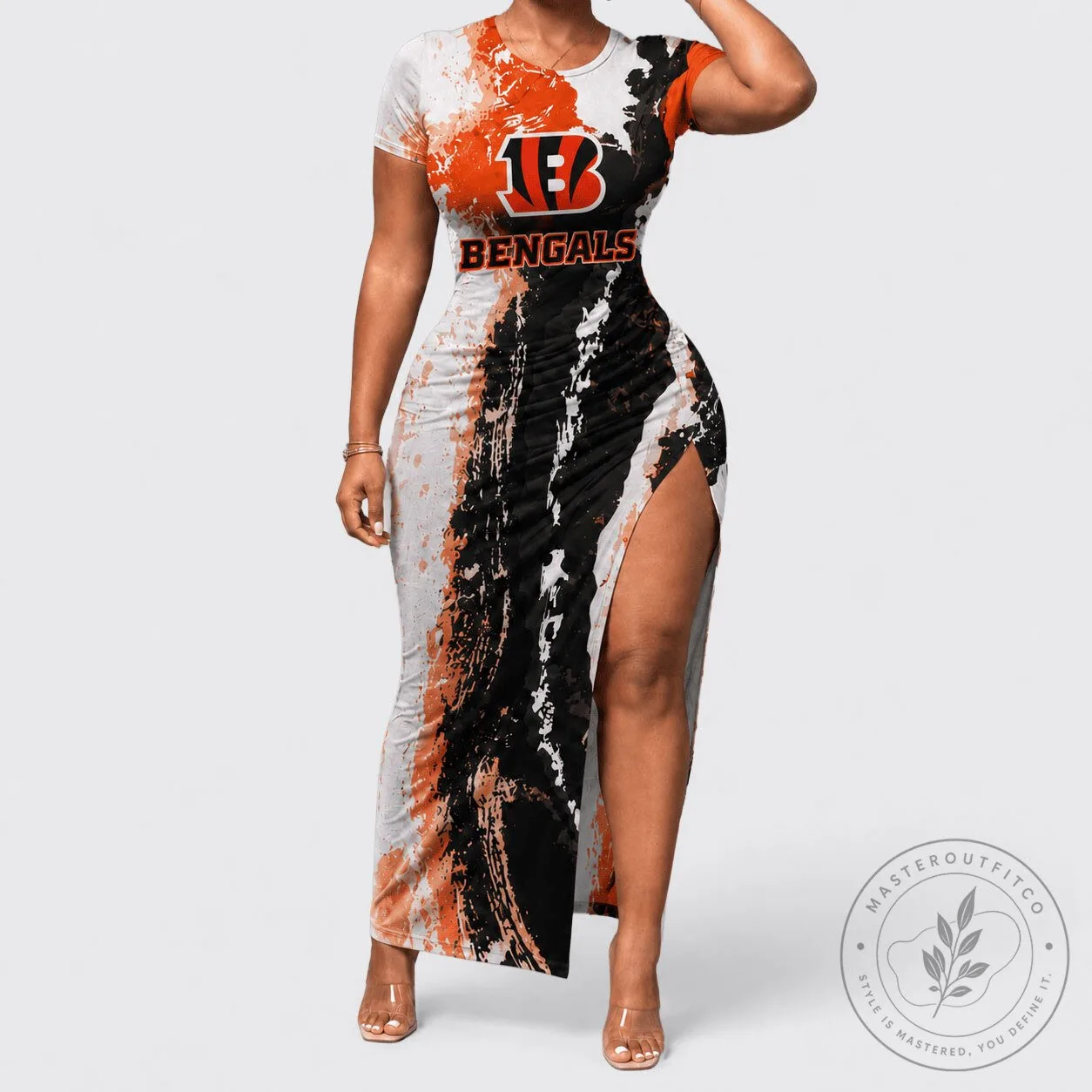 Cincinnati Bengals Paint Splash Women's Bodycon Maxi Dress with Slit