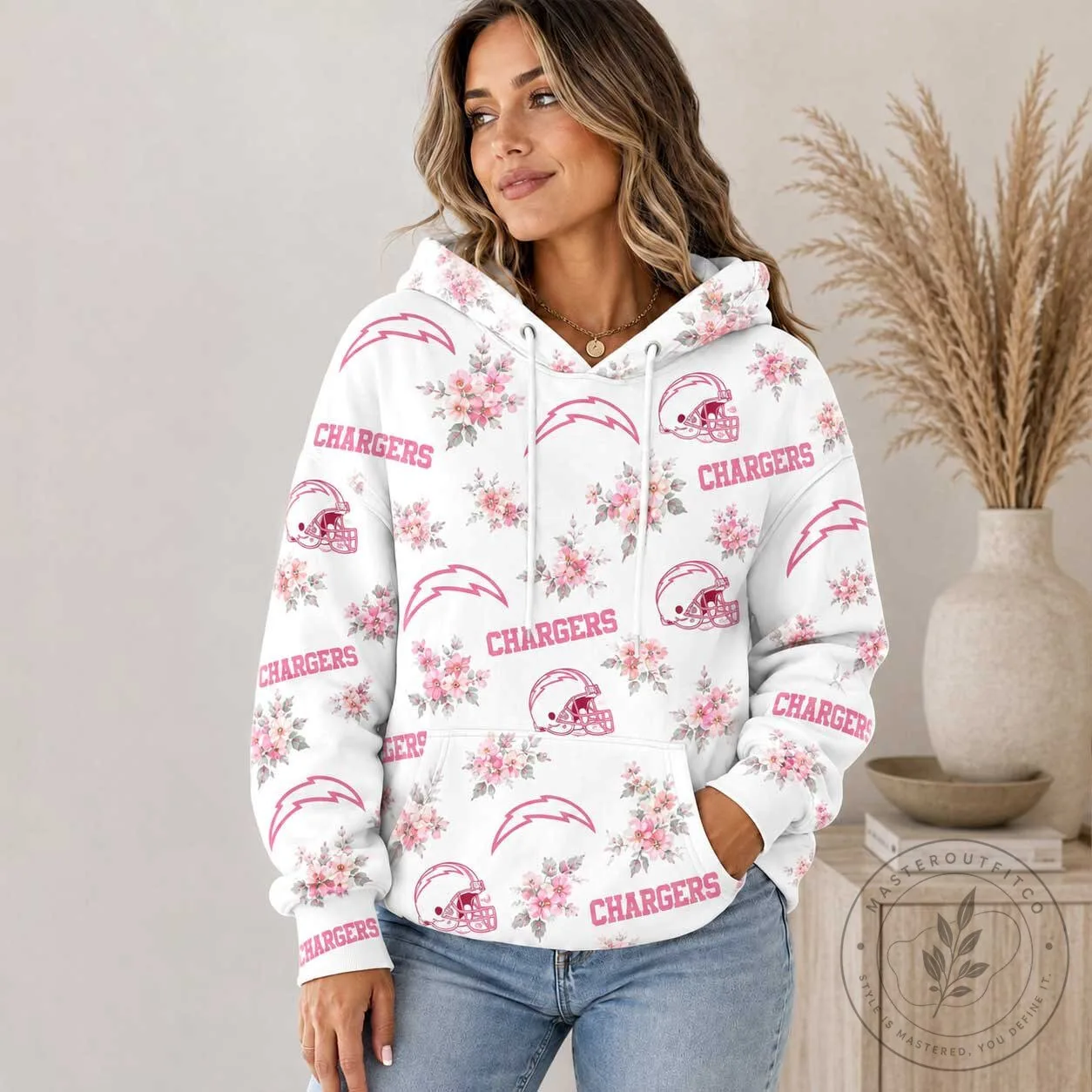 Los Angeles Chargers Pink Floral Football Team Pride Hoodie
