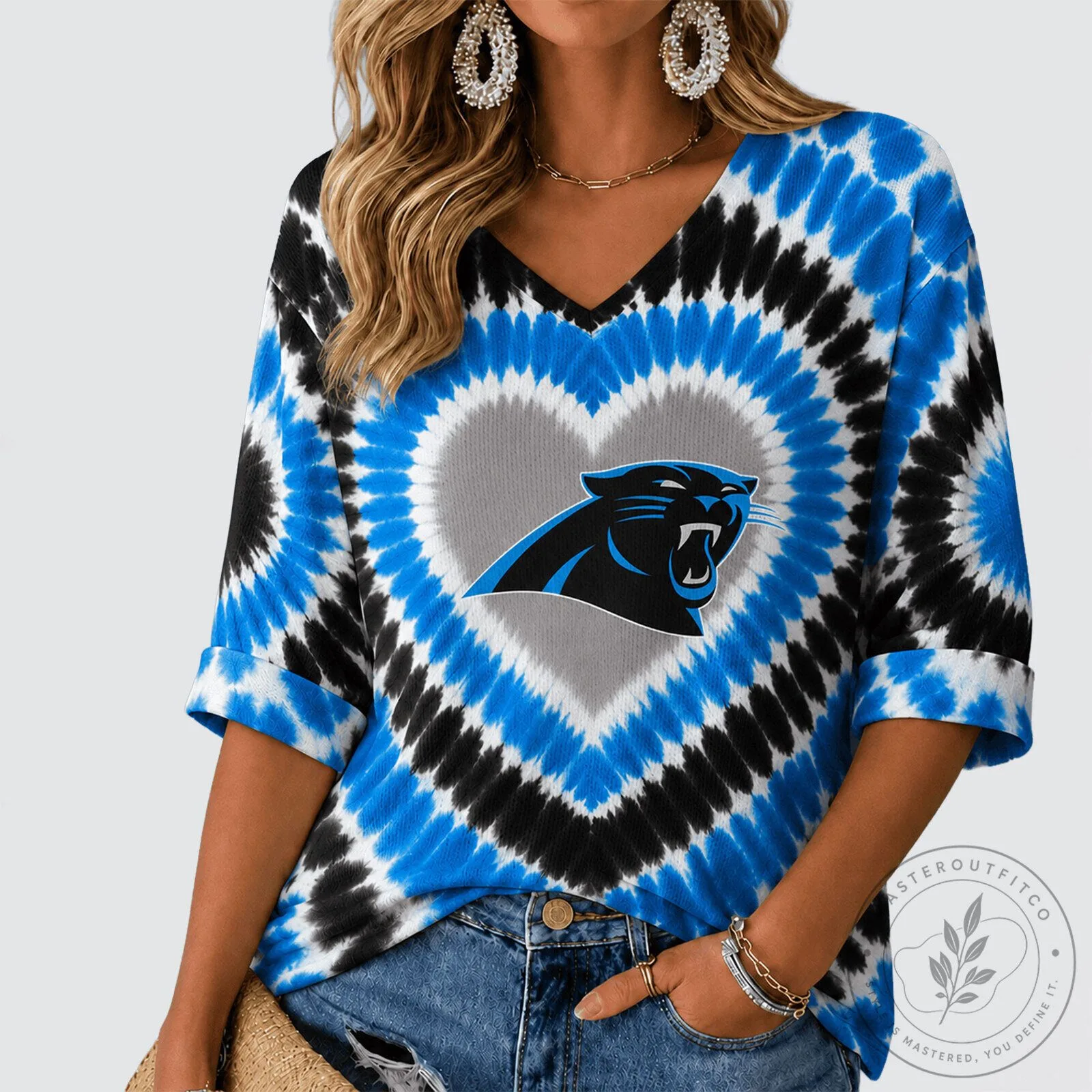 Carolina Panthers Tie Dye Heart V-Neck Long Sleeve Shirt for Women