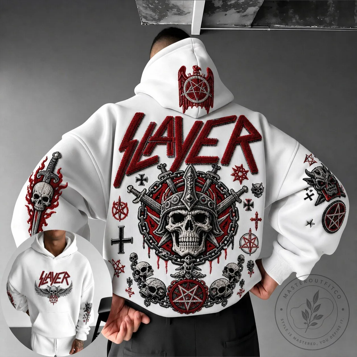 Slayer Heavy Metal Band Skull Graphic Print White Pullover Hoodie