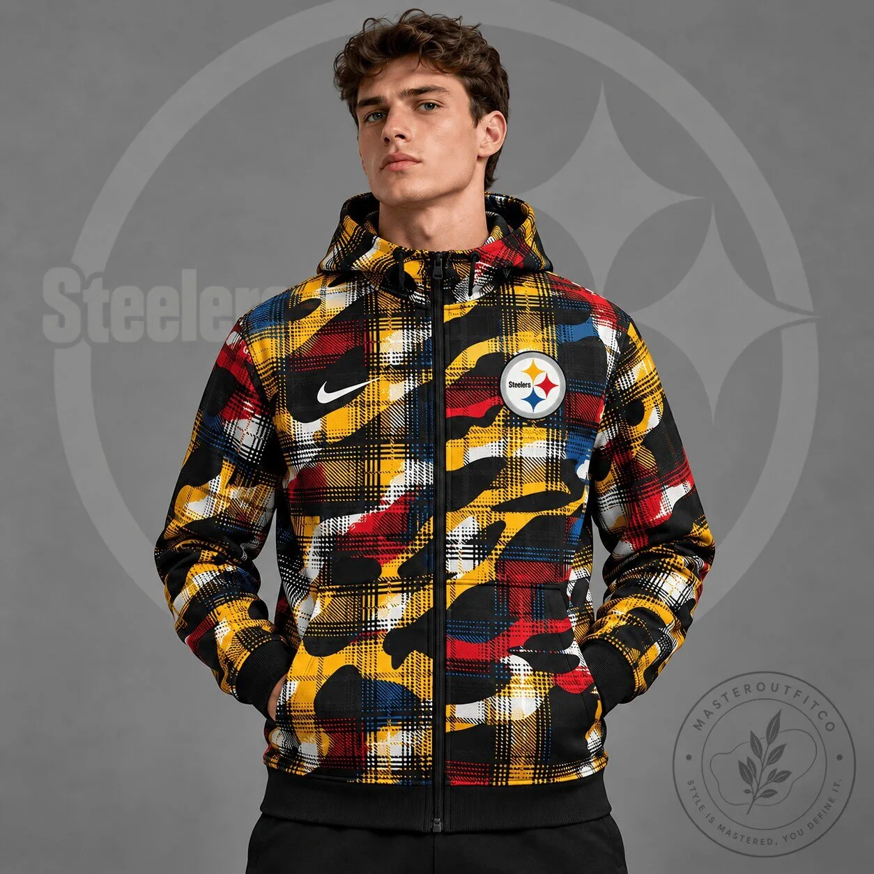 Pittsburgh Steelers Plaid Camouflage Full Zip Hooded Jacket 2 Pittsburgh Steelers Plaid Camouflage Full Zip Hooded Jacket