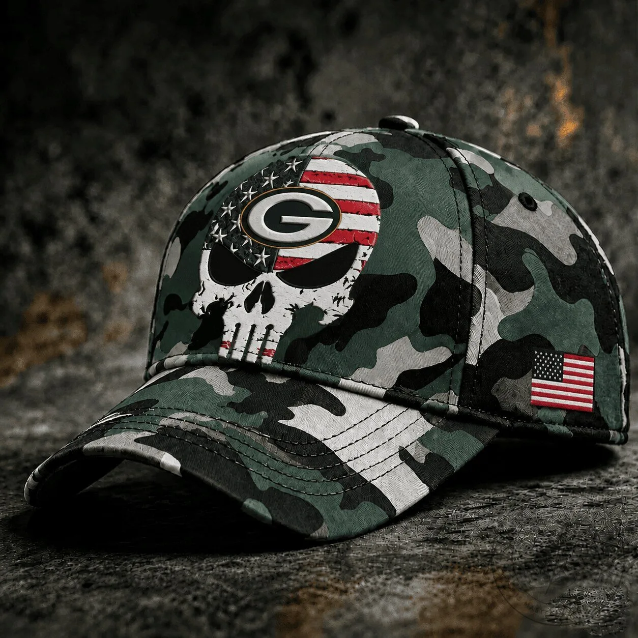 Green Bay Packers Skull Camouflage American Flag Baseball Cap Hat
