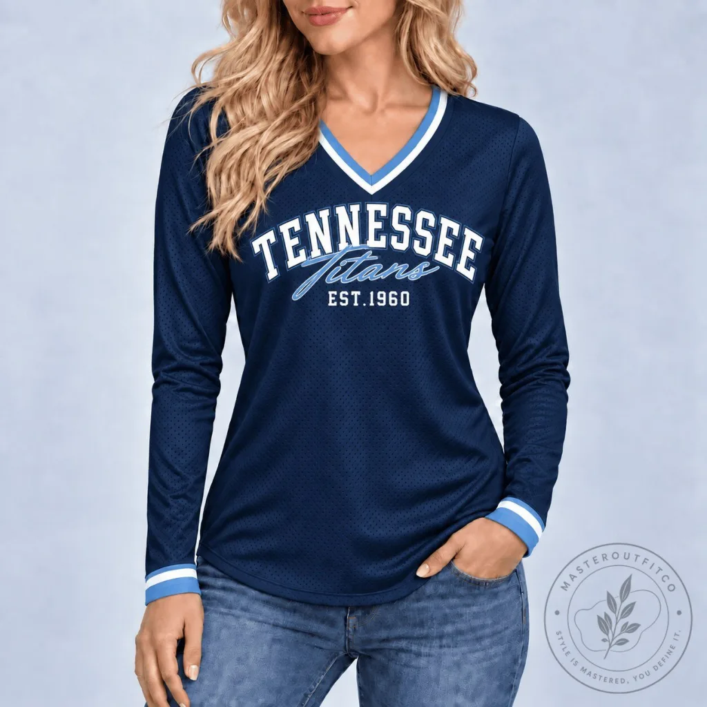 Tennessee Titans Established 1960 Long Sleeve V-Neck Football Jersey for Women Tennessee Titans Established 1960 Long Sleeve V-Neck Football Jersey for Women