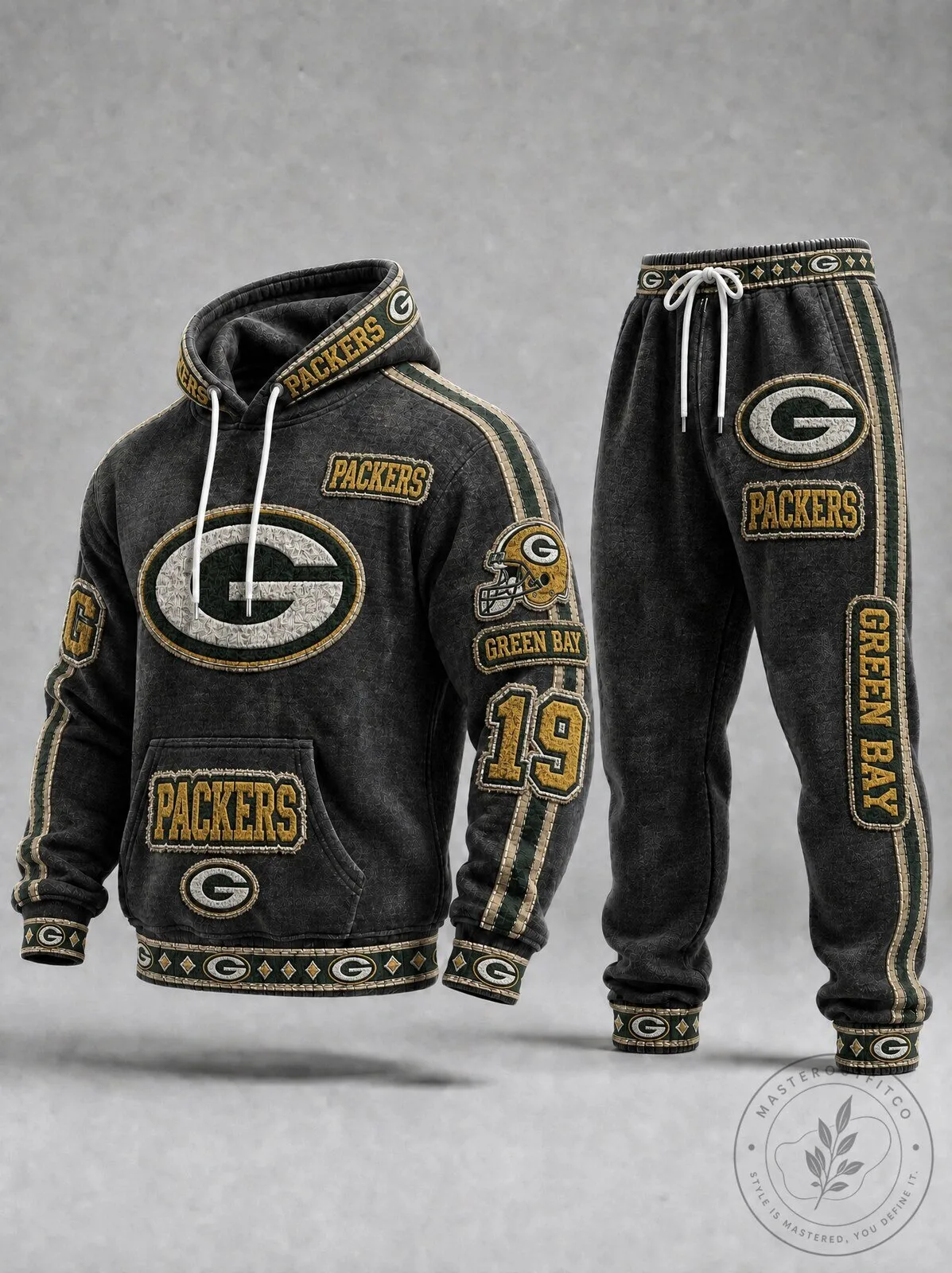 Green Bay Packers Football Team Logo and Helmet Graphic Hoodie and Sweatpants Set