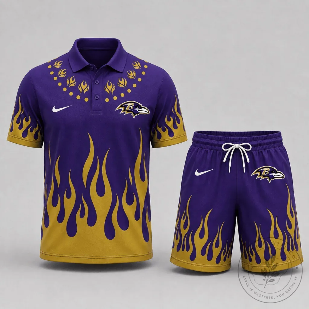 Baltimore Ravens Flame Design Purple and Gold Performance Polo Shirt Baltimore Ravens Flame Design Purple and Gold Performance Polo Shirt