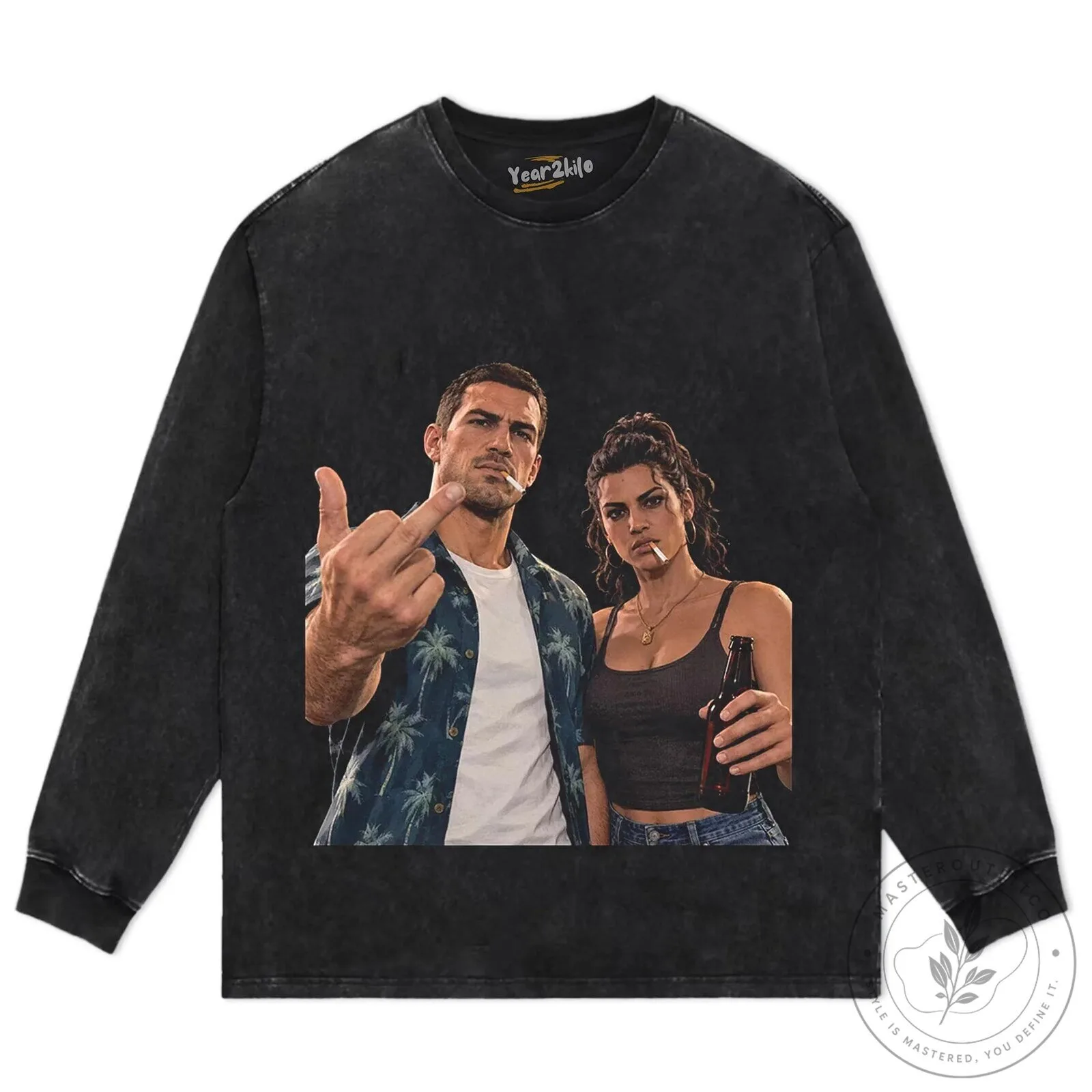 Grand Theft Auto VI Jason and Lucia Middle Finger Graphic T-Shirt 18 Grand Theft Auto VI Jason and Lucia Middle Finger Graphic T-Shirt