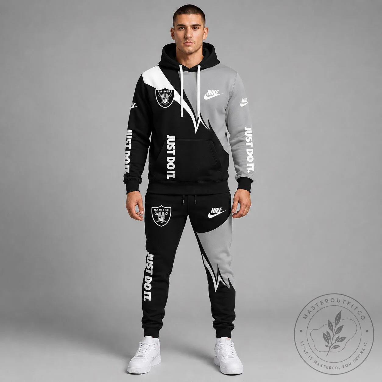 Las Vegas Raiders Black and Gray Split Design Nike Just Do It Hoodie and Joggers Set