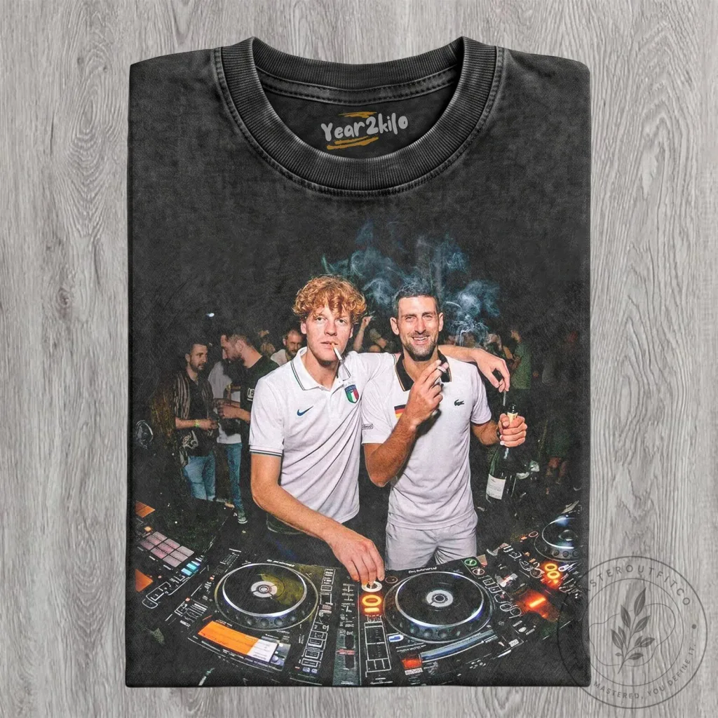 Novak Djokovic and Jannik Sinner Tennis Players DJ Party T-Shirt Novak Djokovic and Jannik Sinner Tennis Players DJ Party T-Shirt