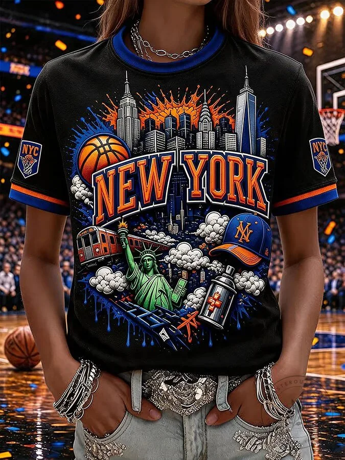 New York City Basketball Fan T-Shirt for Women, Empire State Building Statue of Liberty Design