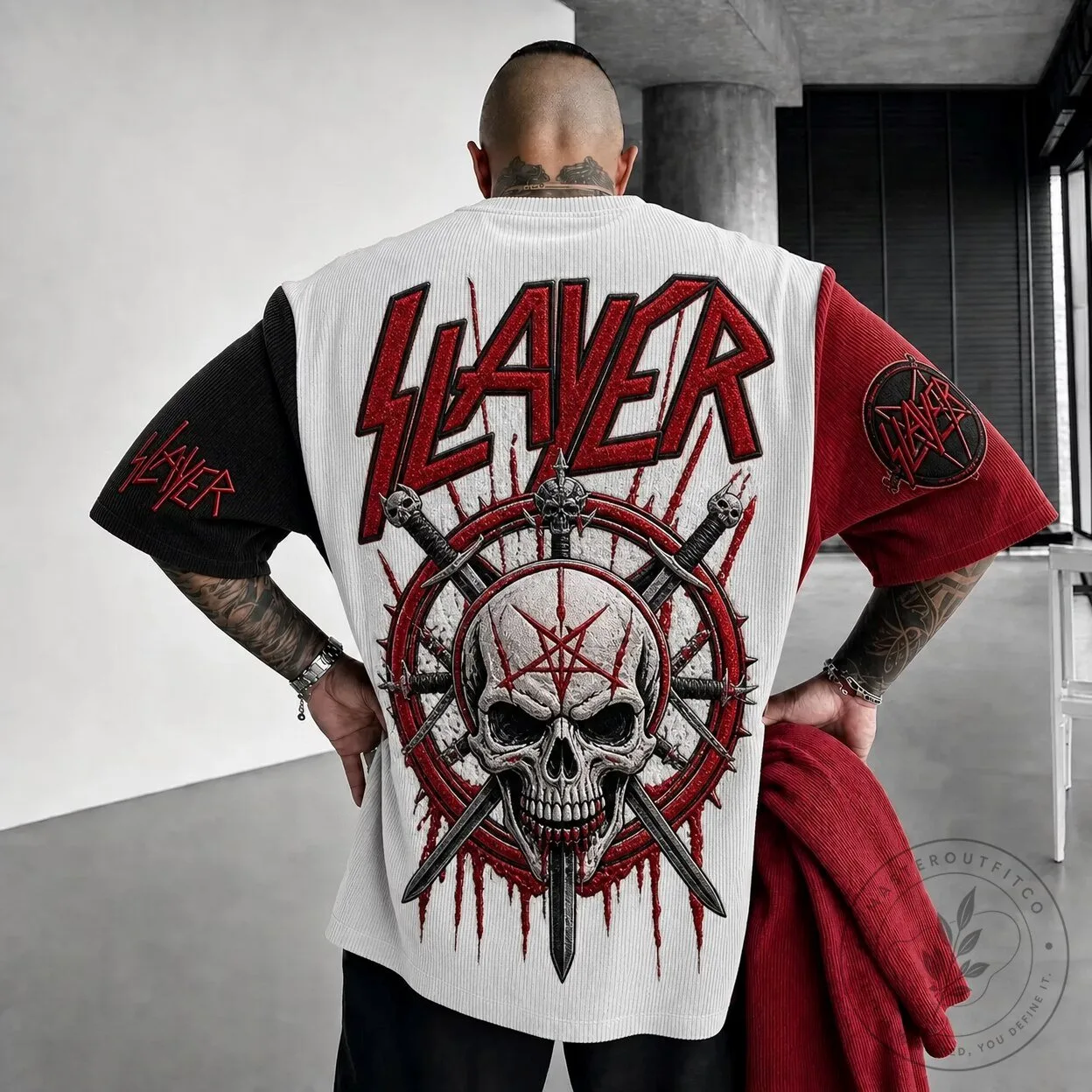 Slayer Heavy Metal Band Skull Graphic Print Colorblock T-Shirt