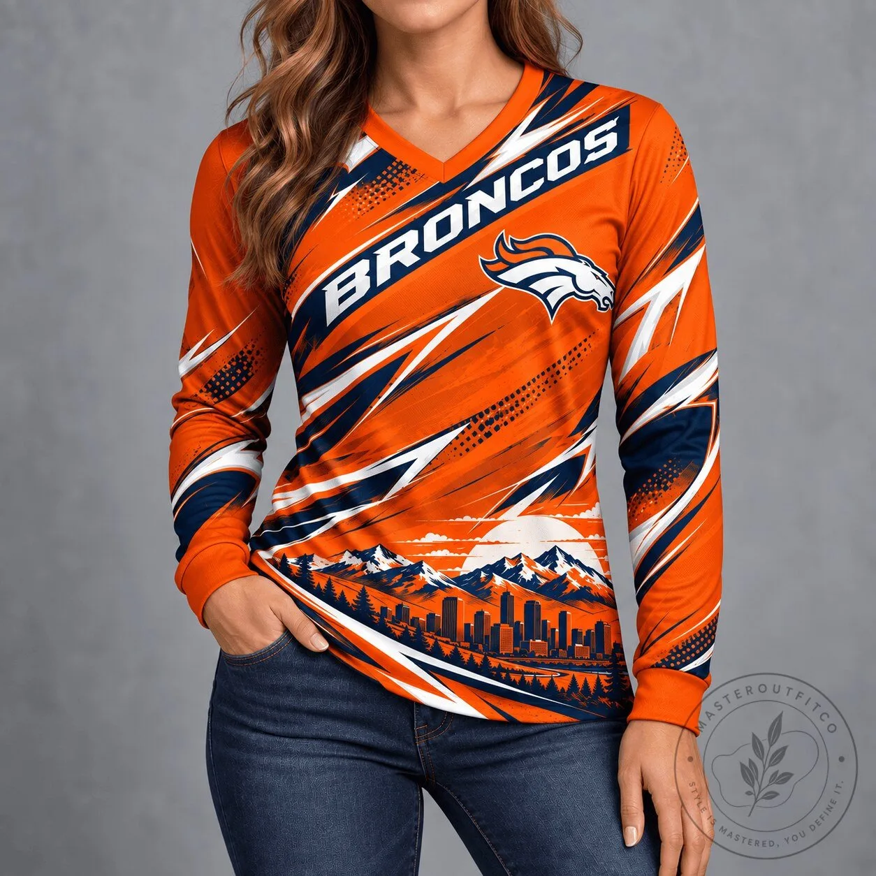 Denver Broncos Football Team City Horizon V-Neck Long-Sleeve Shirt