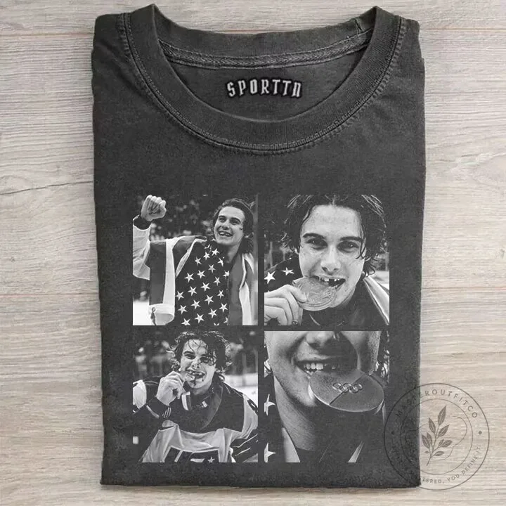 Black and White T-Shirt of Jack Hughes, Champion USA Hockey Player