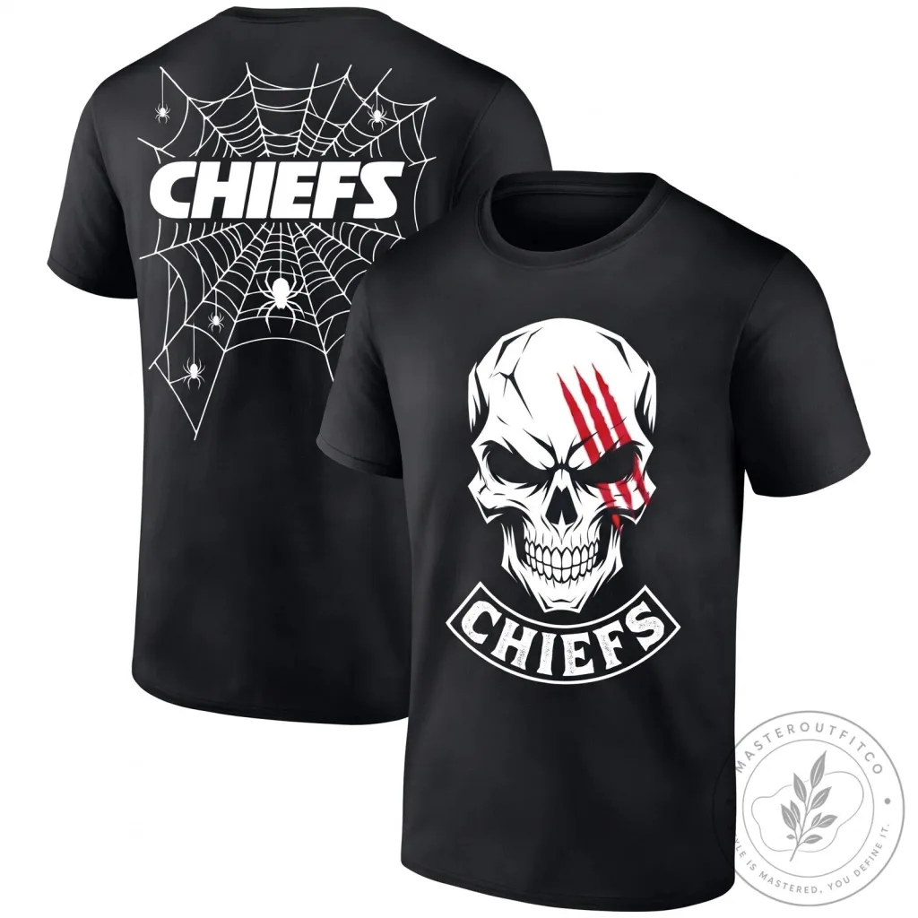 Kansas City Chiefs Halloween Skull Spiderweb Black T-Shirt Kansas City Chiefs Halloween Skull Spiderweb Black T-Shirt