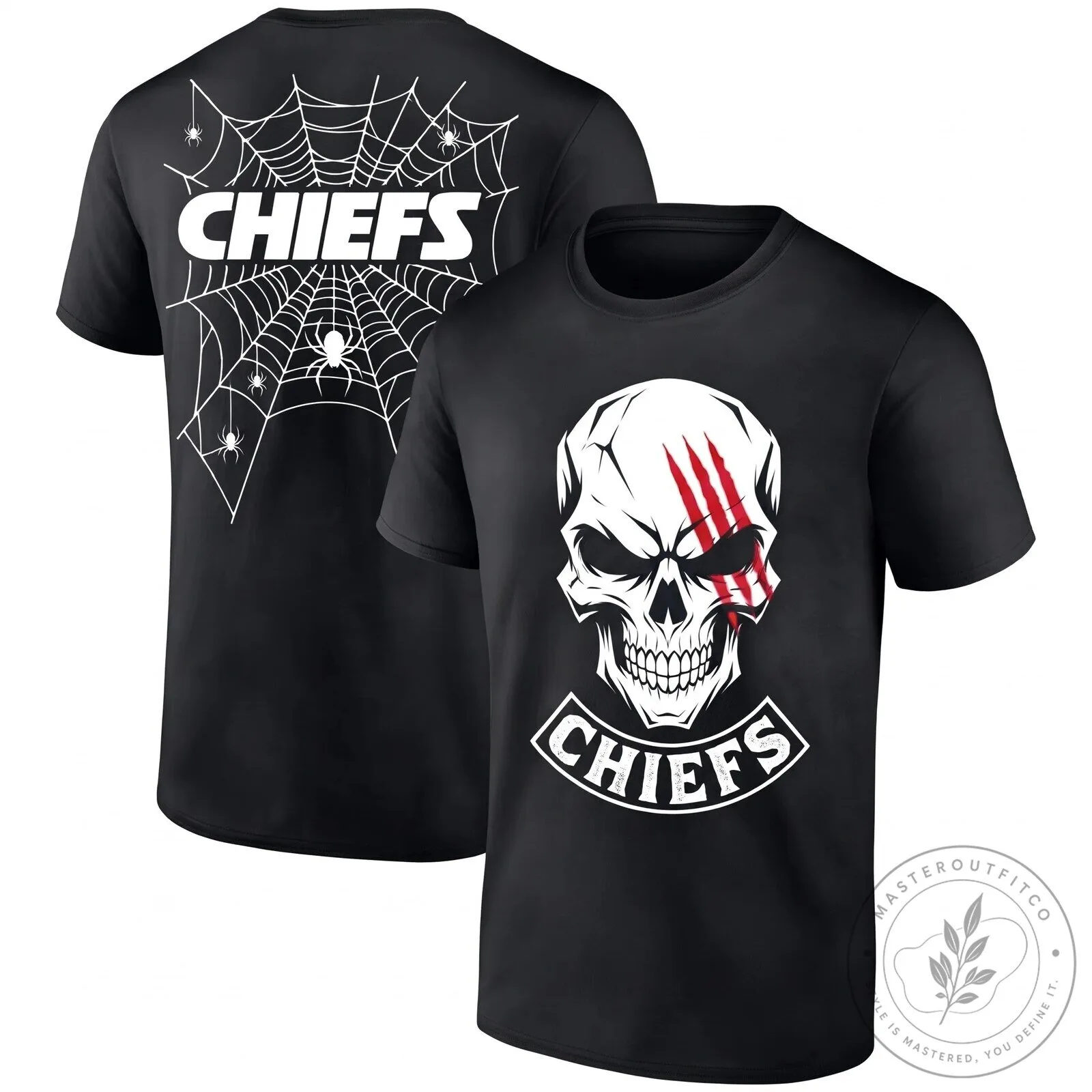 Kansas City Chiefs Halloween Skull Spiderweb Black T-Shirt