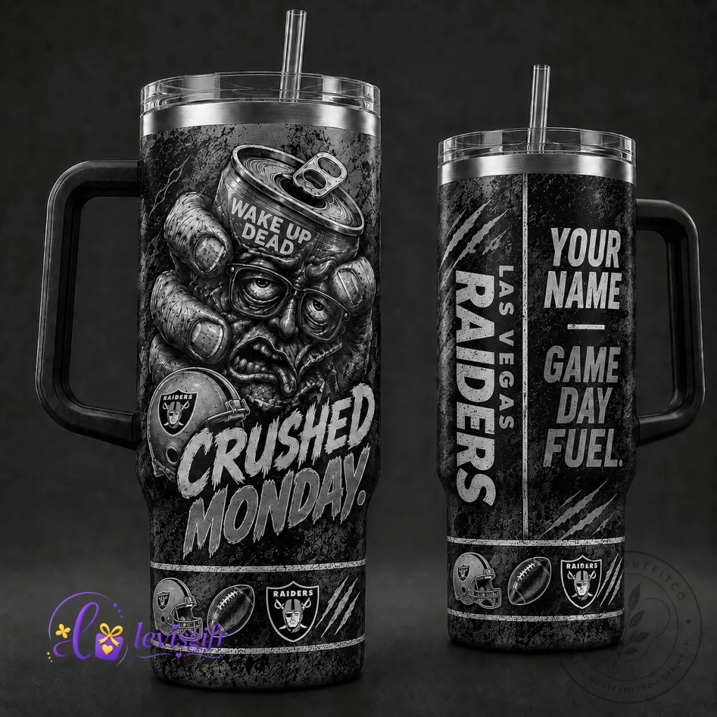 Las Vegas Raiders Crushed Monday Personalized Football Team Tumbler with Handle Las Vegas Raiders Crushed Monday Personalized Football Team Tumbler with Handle