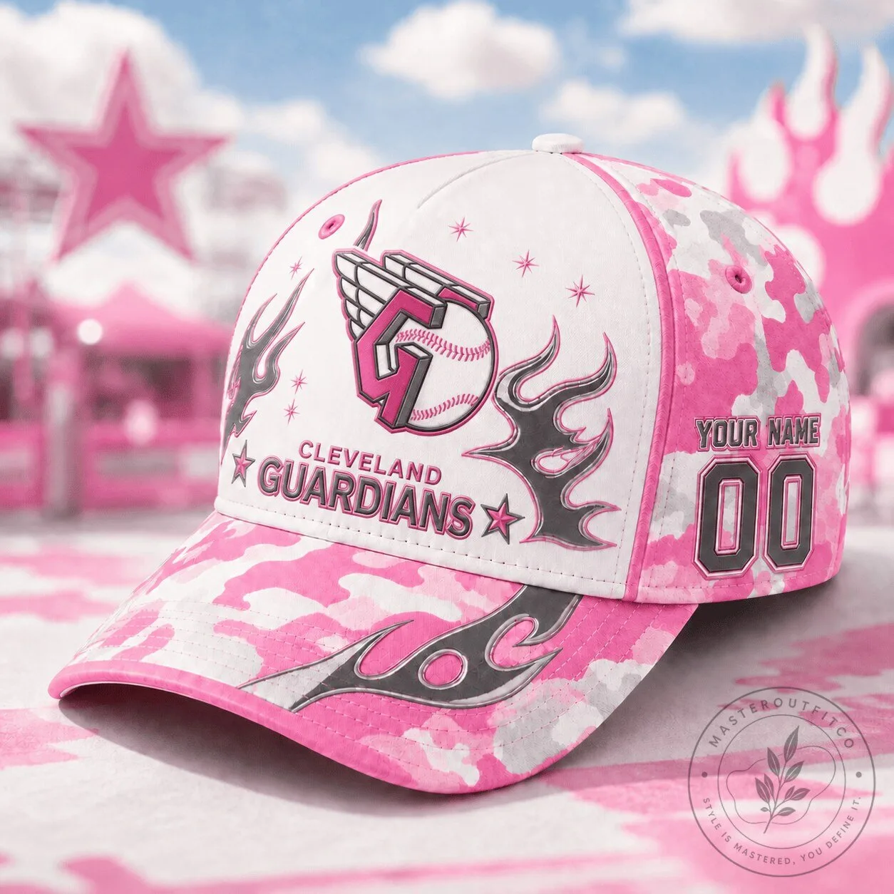 Cleveland Guardians Pink Camouflage Flame Custom Baseball Cap Hat