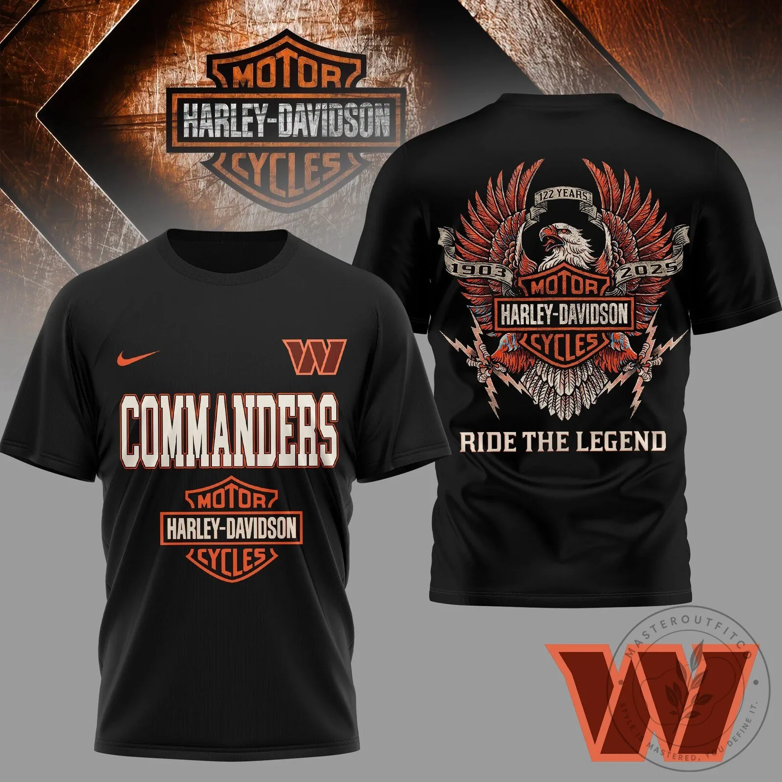 Washington Commanders Harley Davidson Motorcycle Black T-Shirt