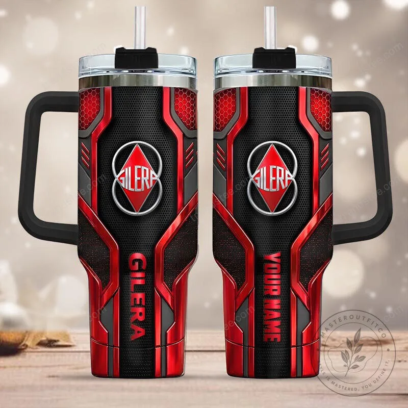 Gilera Motorcycle Logo Red and Black Design Personalized Tumbler with Handle