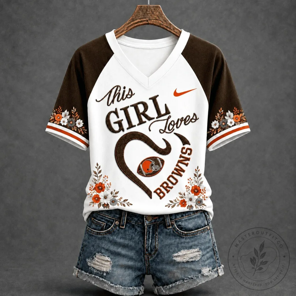 Cleveland Browns This Girl Loves Football Floral V-Neck T-Shirt Cleveland Browns This Girl Loves Football Floral V-Neck T-Shirt
