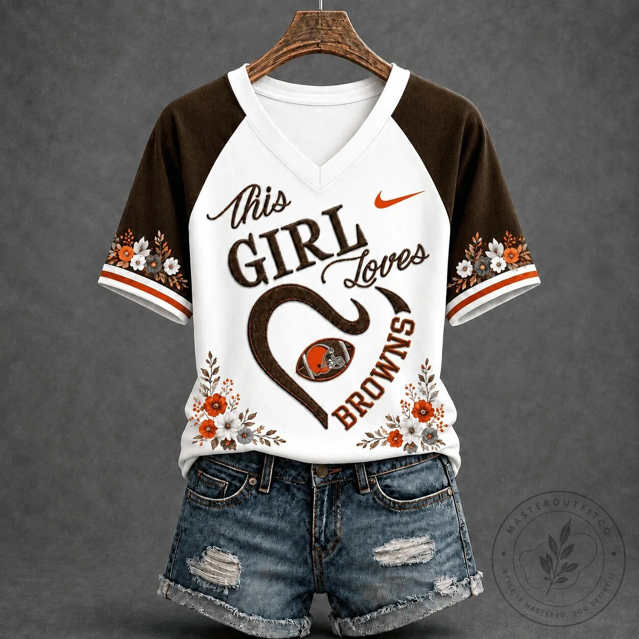 Cleveland Browns This Girl Loves Football Floral V-Neck T-Shirt