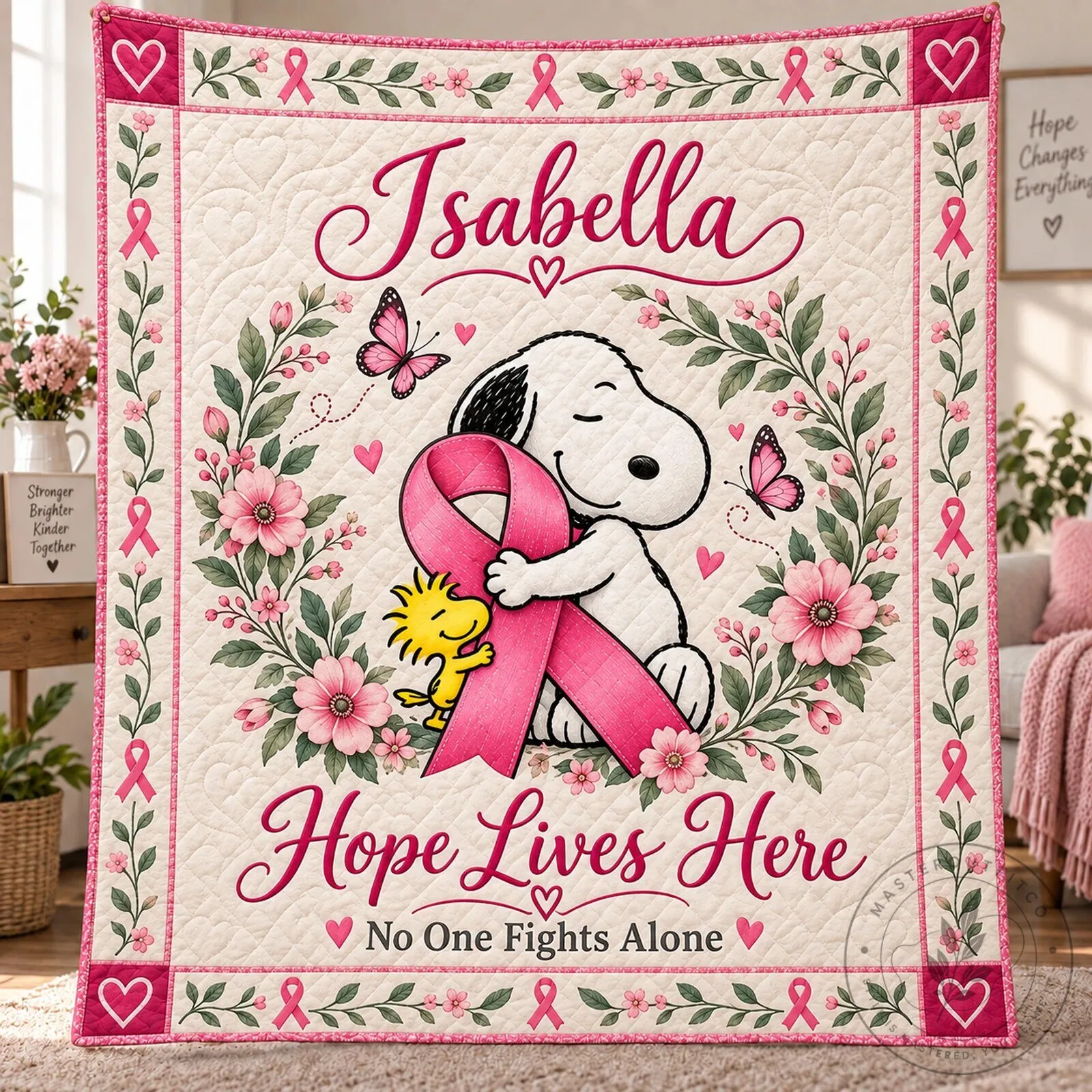 Personalized Snoopy and Woodstock Breast Cancer Awareness Hope Lives Here Quilt