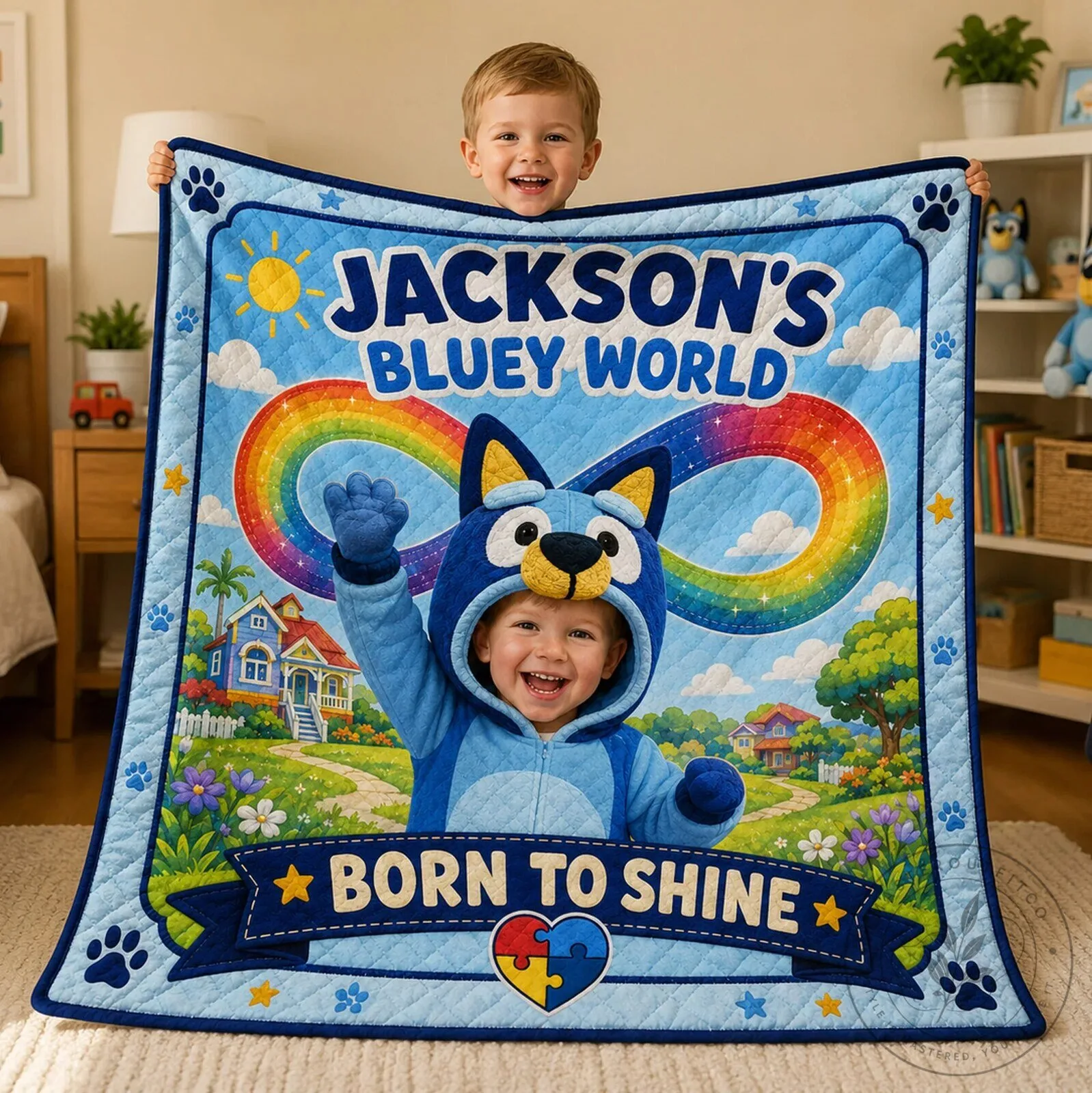Personalized Bluey World Born To Shine Kids Name Photo Quilt Blanket