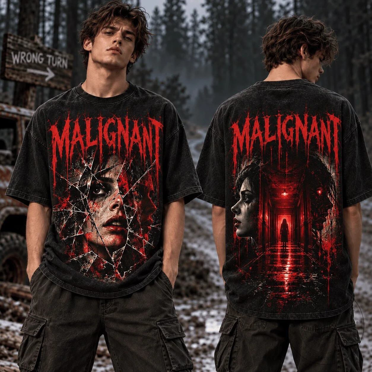 Malignant Horror Movie Red Door Broken Glass Face Washed T-Shirt 2 Malignant Horror Movie Red Door Broken Glass Face Washed T-Shirt