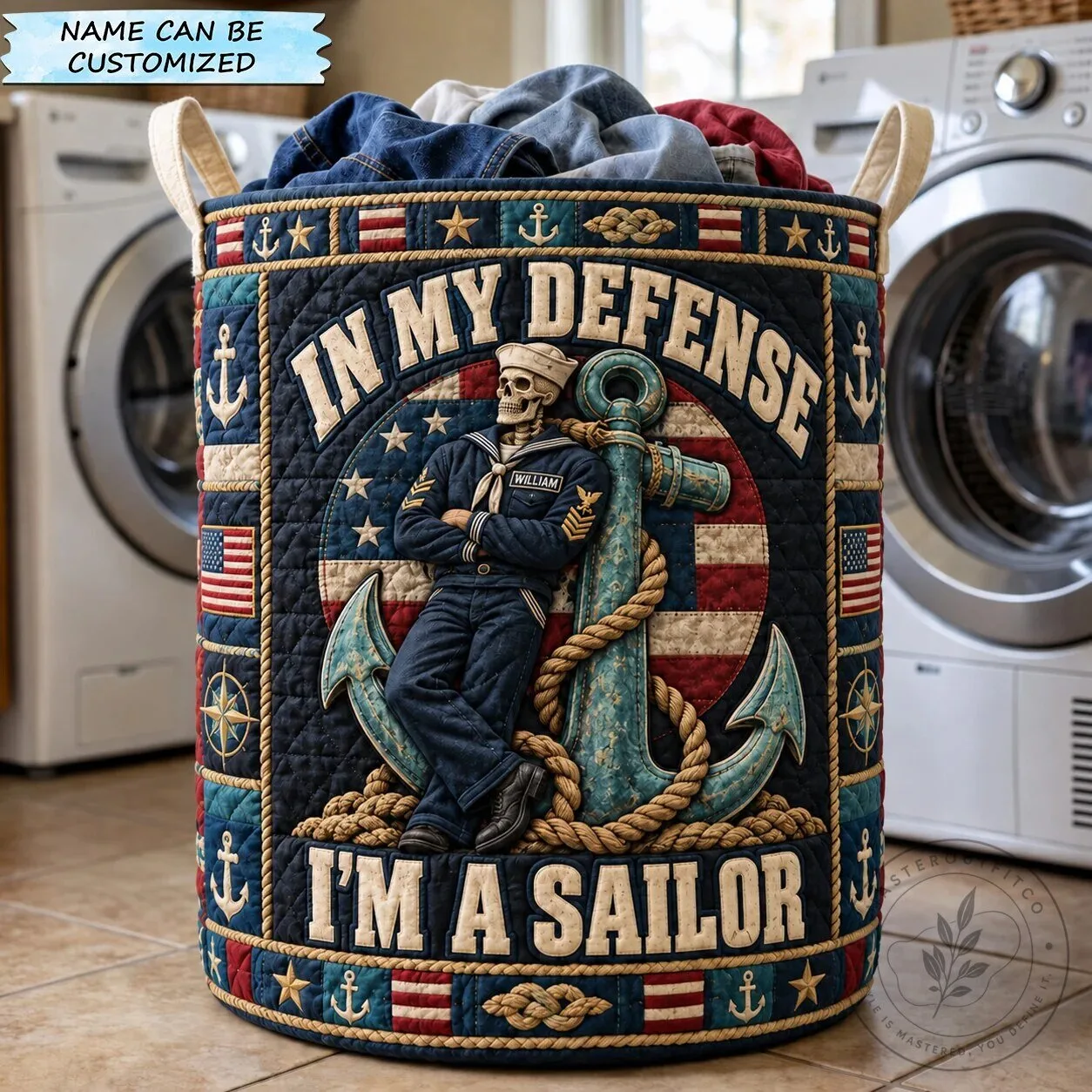 Personalized Sailor Skeleton In My Defense I'm A Sailor Laundry Basket